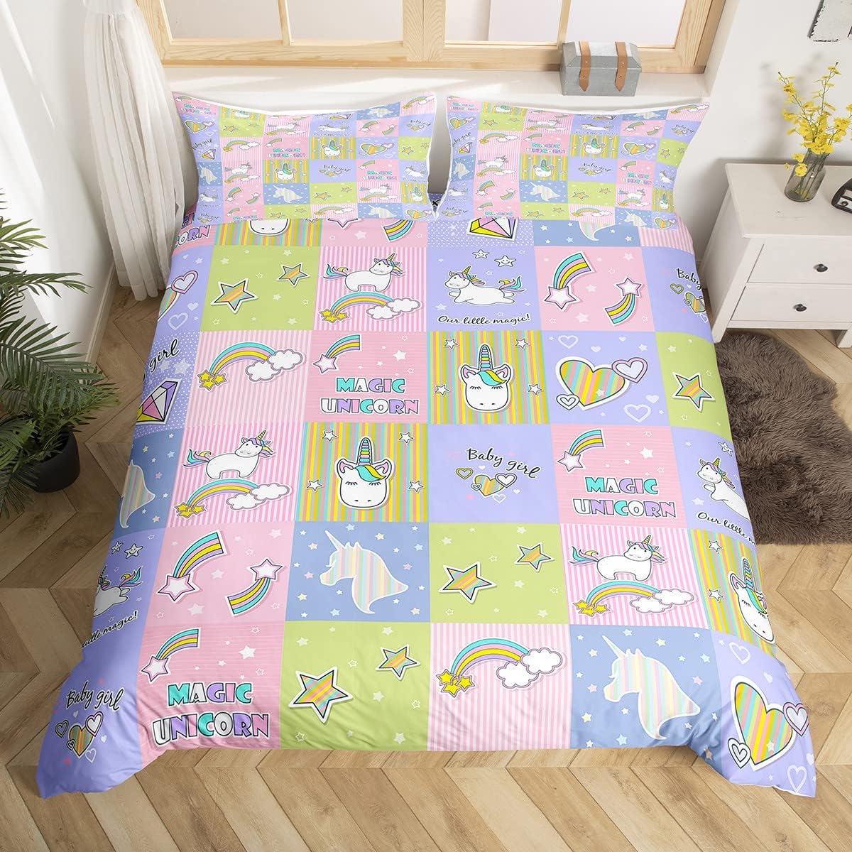 Loussiesd Unicorn Duvet Cover Set Girls Pink Dreamy Horse Bedding Set