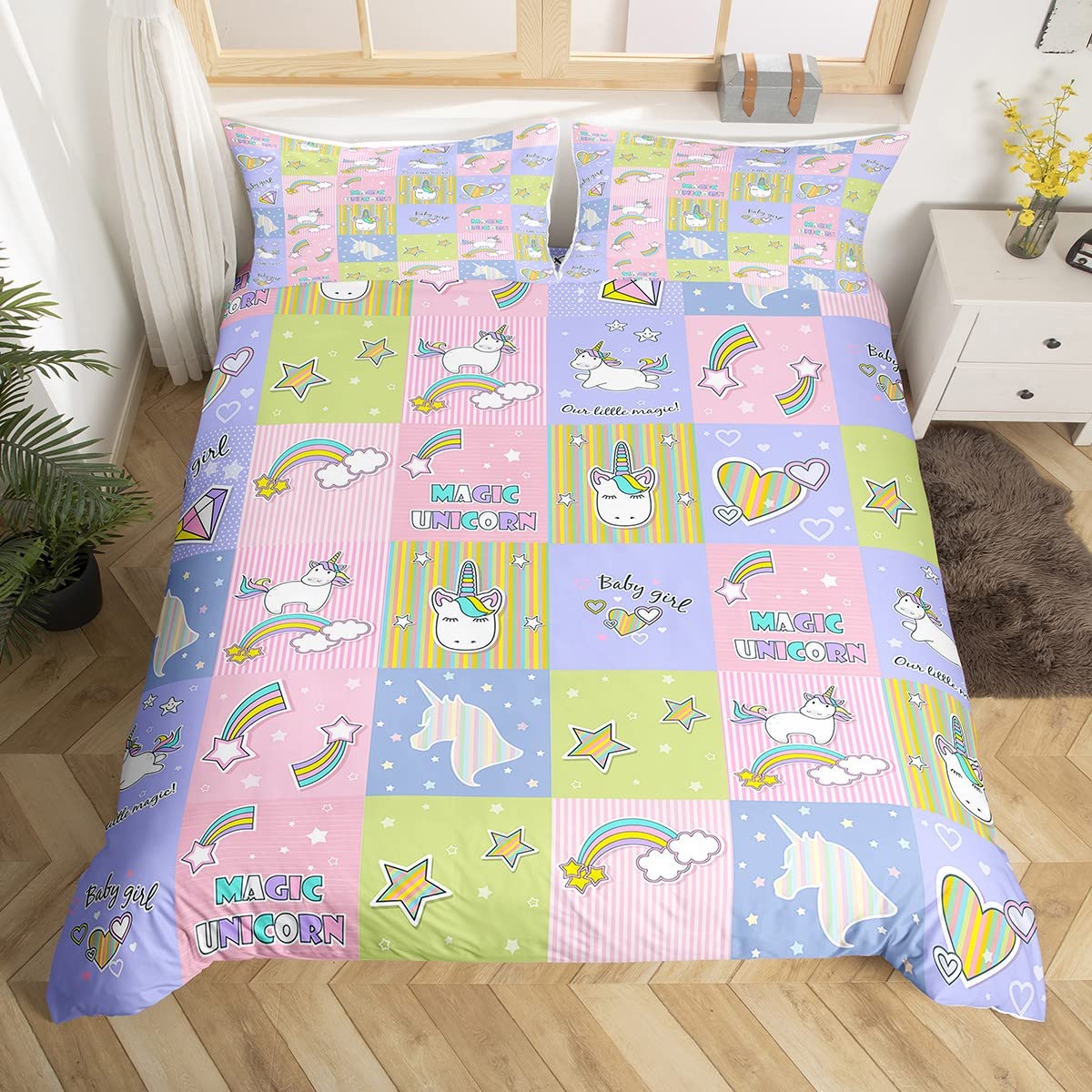 Housse de couette licorne parure de lit enfant rose, idée cadeau fille