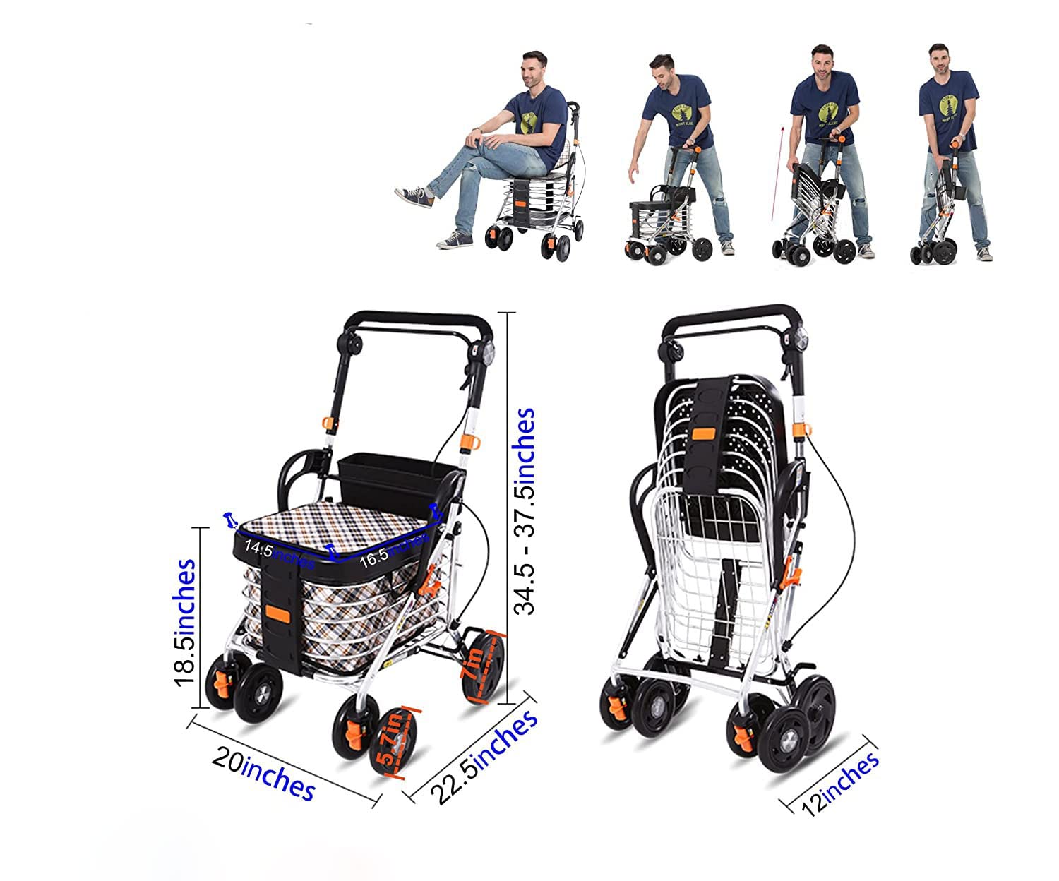 Rollator Walker with One or Two-Hand - Foldable Lightweight Rolling Walker with Seat -Aluminum 4 Wheels Seniors Shopping Cart with Brake, Indoor and Outdoor rollator Walker 2 in 1