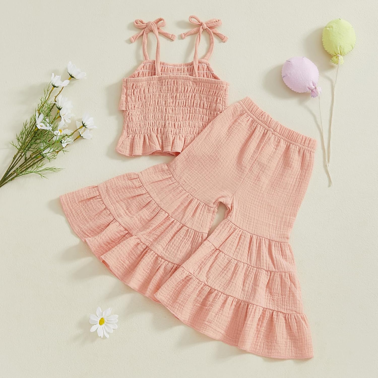 Toddler Baby Girl Smocked Outfit Ruffle Halter Shirt Flared Pants Set Toddler Bell Bottom Outfit Summer Clothes - Image 4