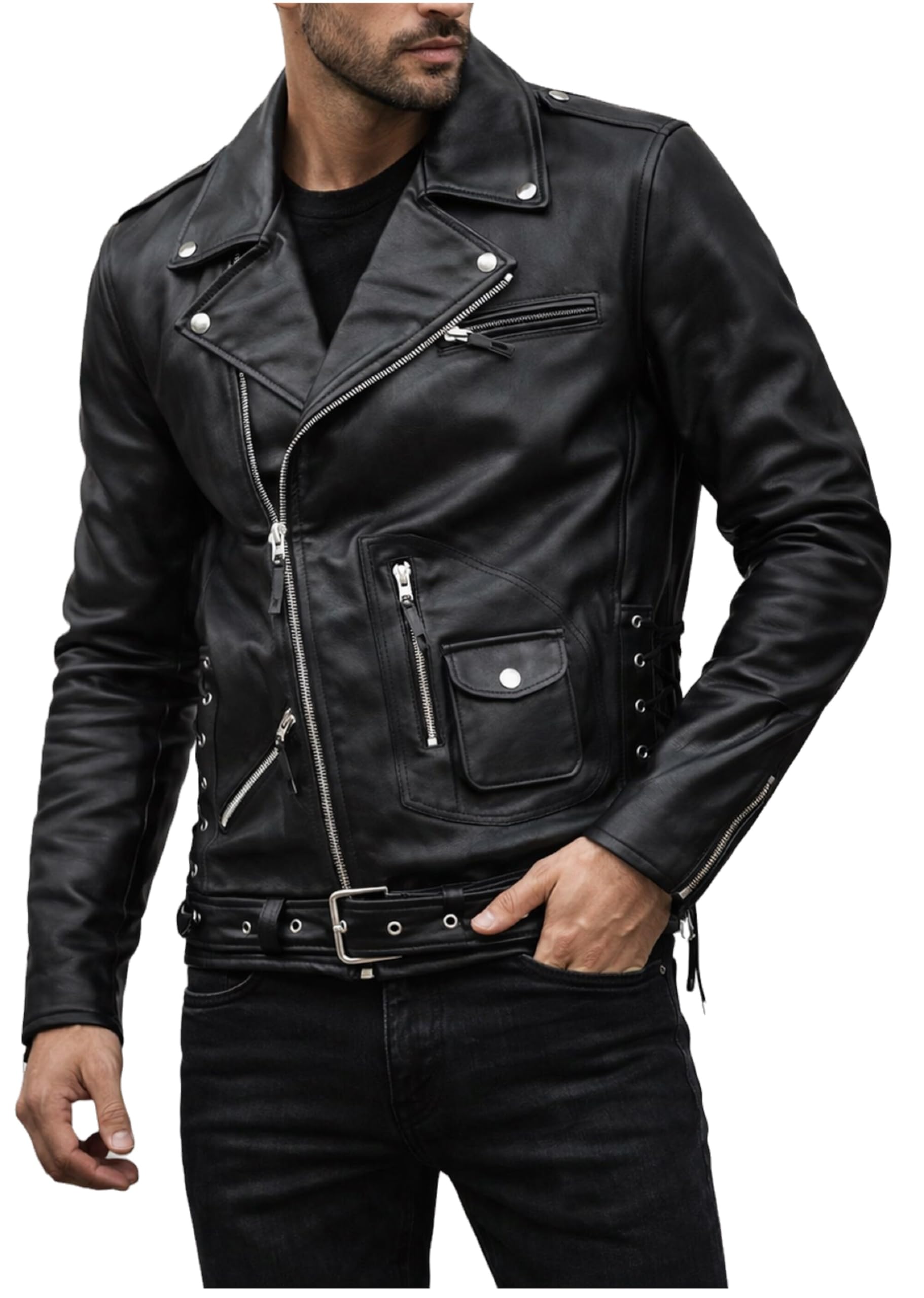 Chaqueta de cuero de primera calidad para motociclista clásica con cremallera asimétrica para hombre