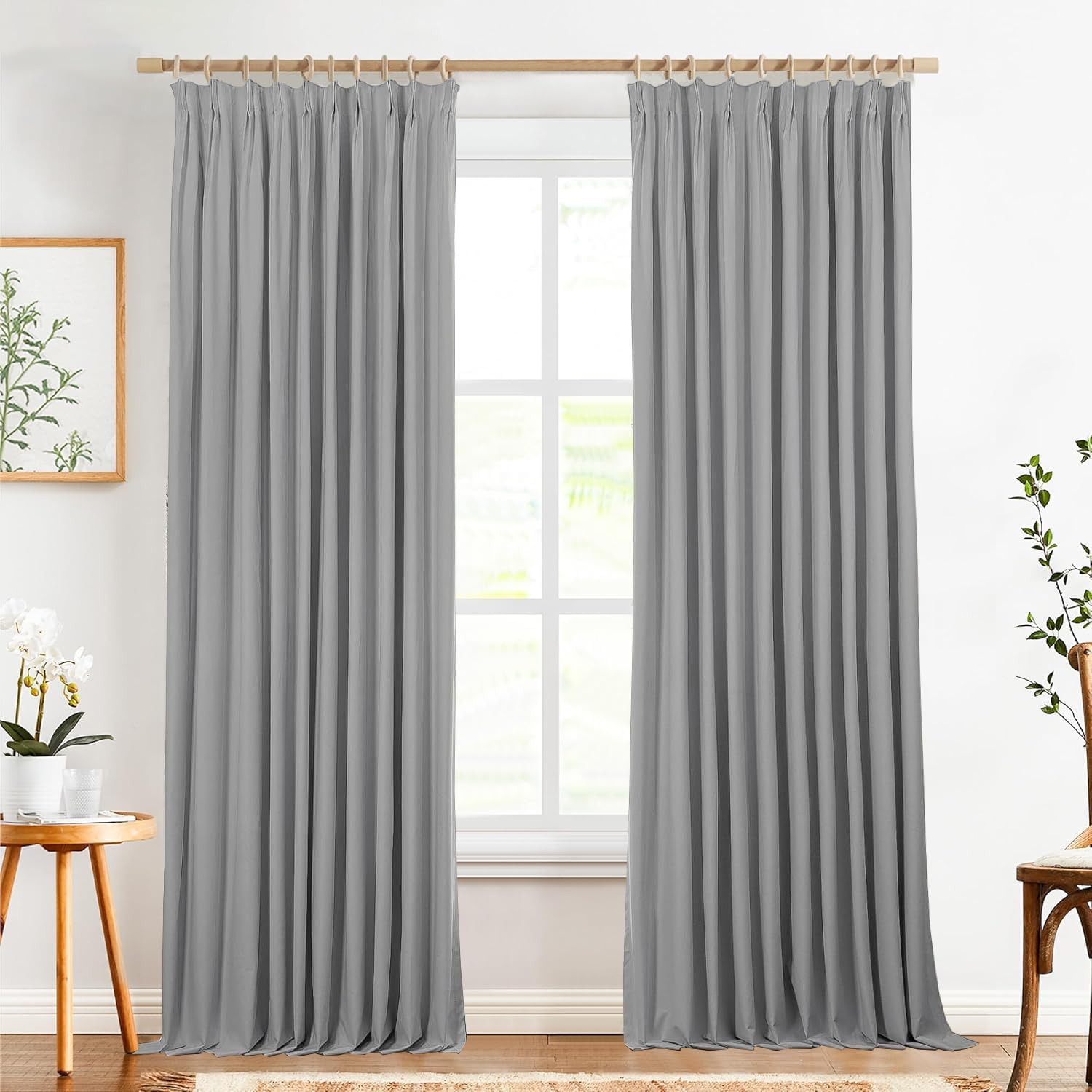 100% Blackout Curtains Pinch Pleated Curtains with White Silicone Coating for Bedroom, Living Room, 60 Width 92 Inch Long 1 Panel, Grey