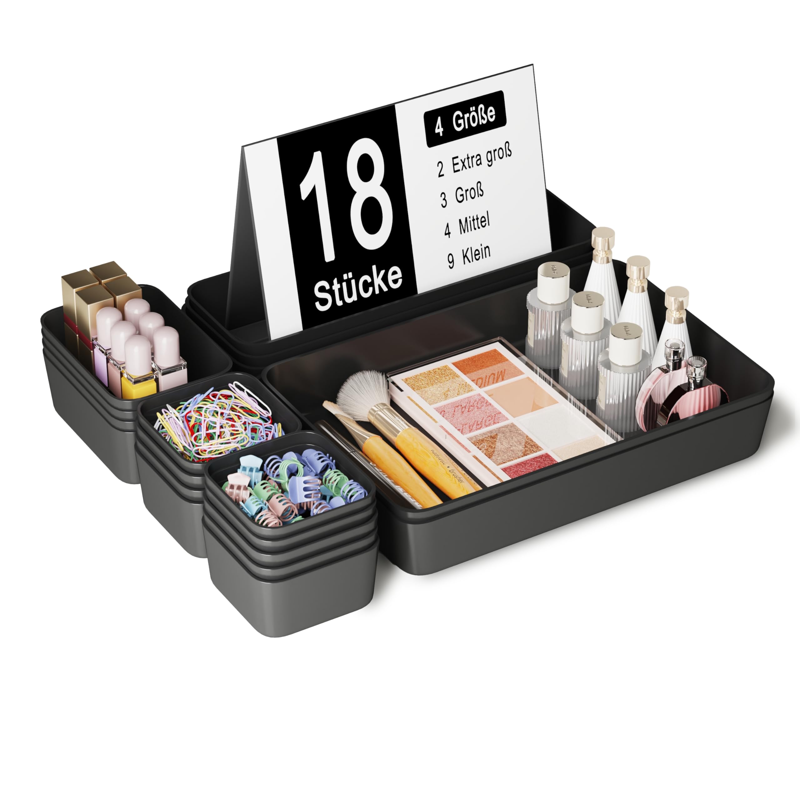 Organizer Cassetti Plastica, 18 Pezzi, Scatole Plastica Organizer, Contenitori per Cassetti Salvaspazio per Trucchi Cassetti, Cosmetici, Bagno, Cucina, Ufficio, Scrivania