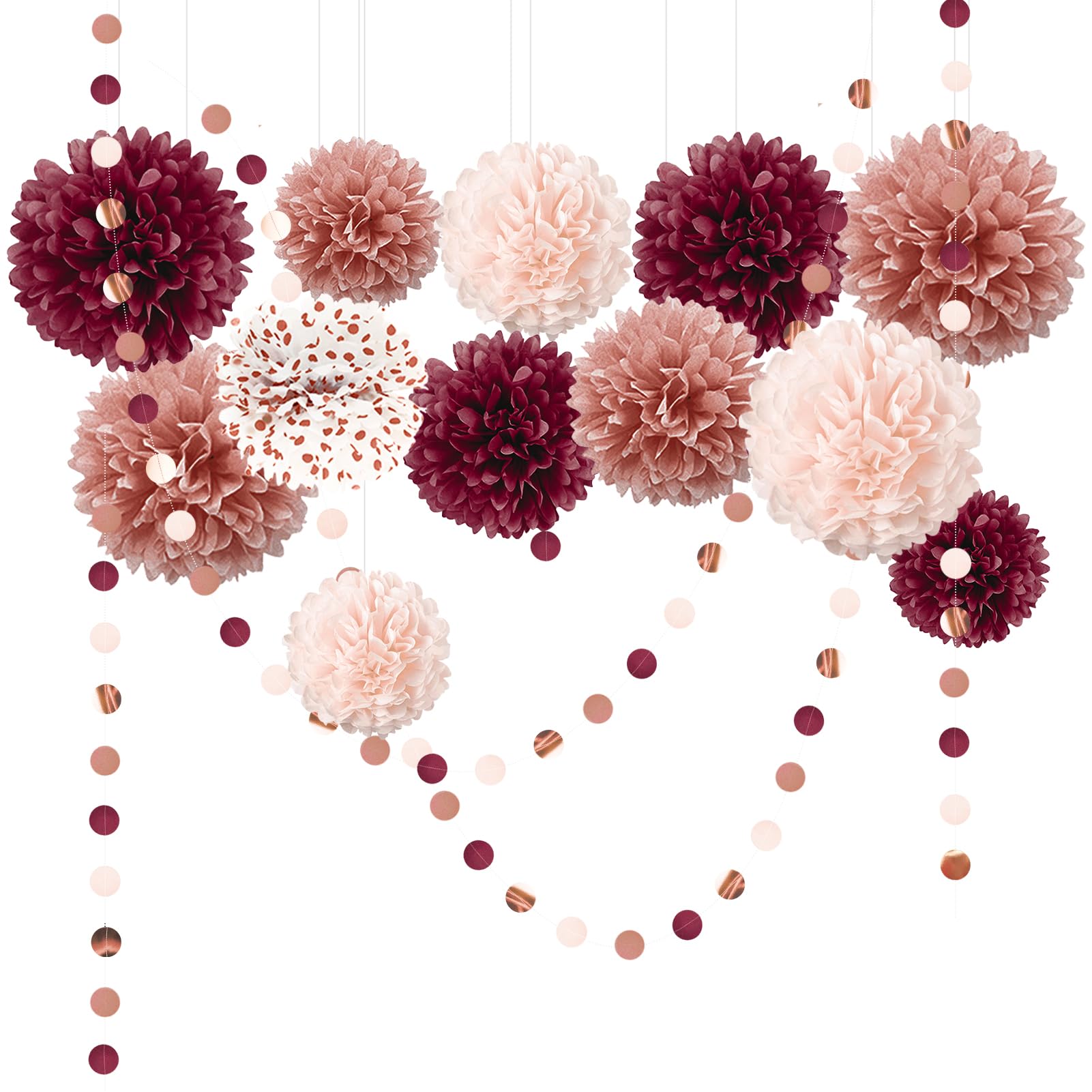 NICROLANDEE Bachelorette Party Decorations - 15Pcs Burgundy Rose Gold Tissue Pom Poms Circle Dots Polka Dot Kit for Valentines, Engagement, Wedding,