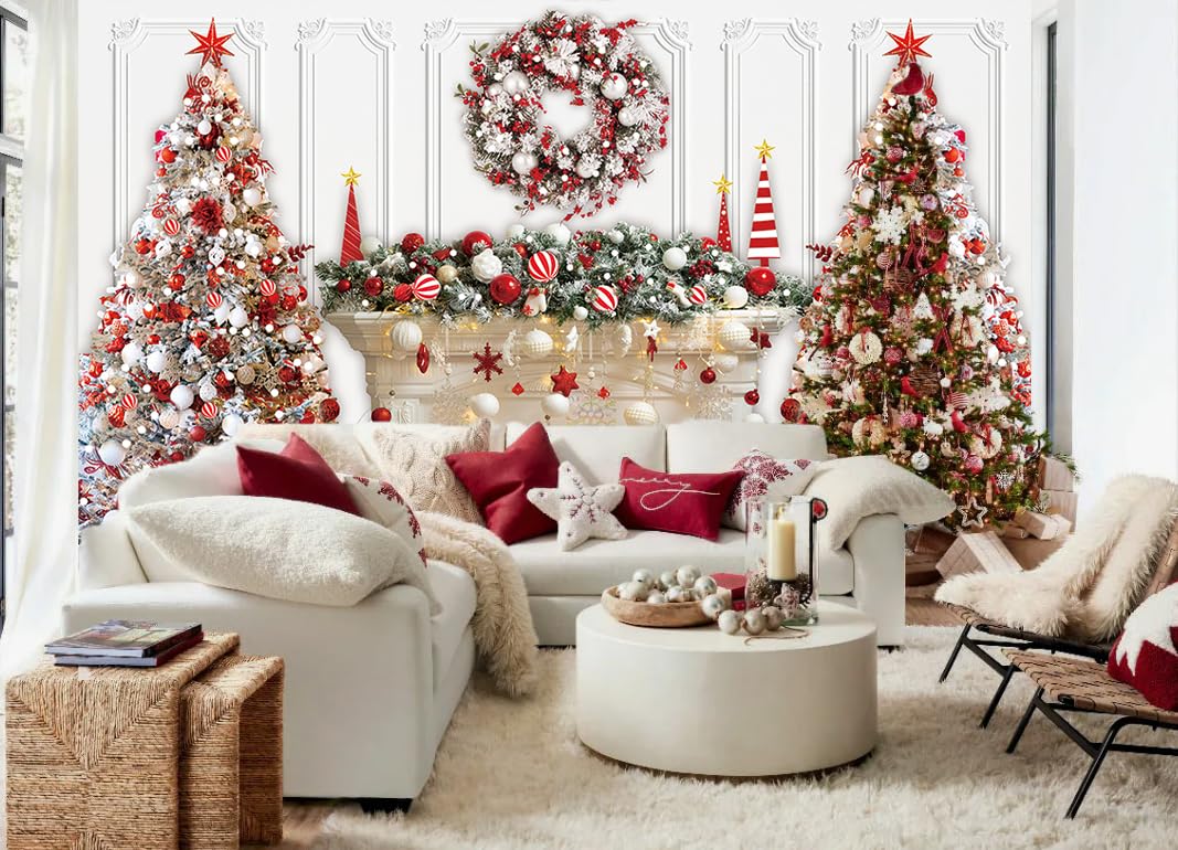 Christmas Fireplace Backdrop Red White Christmas Tree Garland Photography Background Winter Xmas Interior Family Kids Holiday Party Banner Decorations (8x6ft(96''x72'')) - Image 3