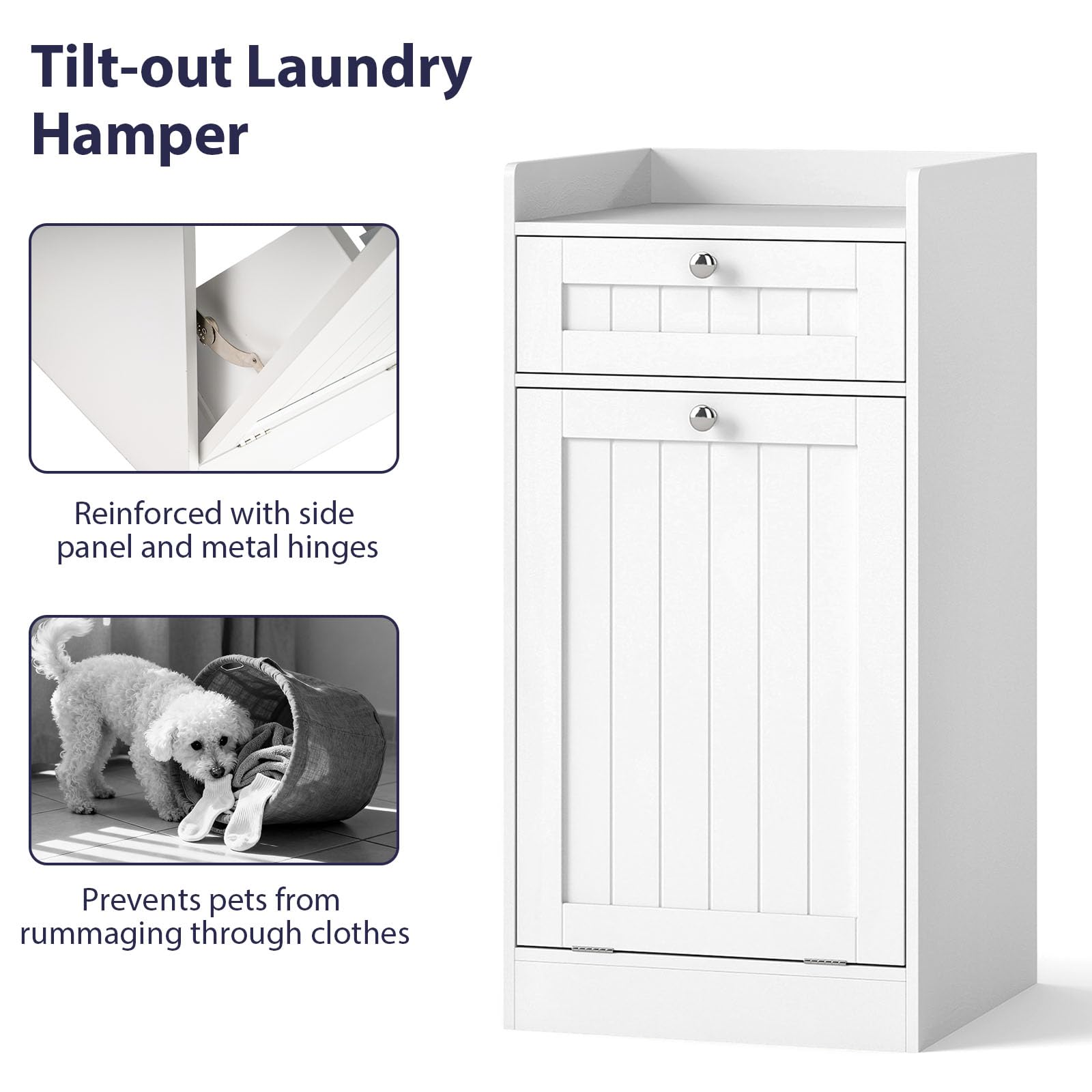 LIFEZEAL Armoire de Rangement avec Paniers à Linge, Armoire de Salle de Bain avec Sacs Amovibles et Tiroir, Meuble de Rangement Gain de Place pour Buanderie, Salle de Bain (Blanc, 40,5 x 40 x 80 cm)
