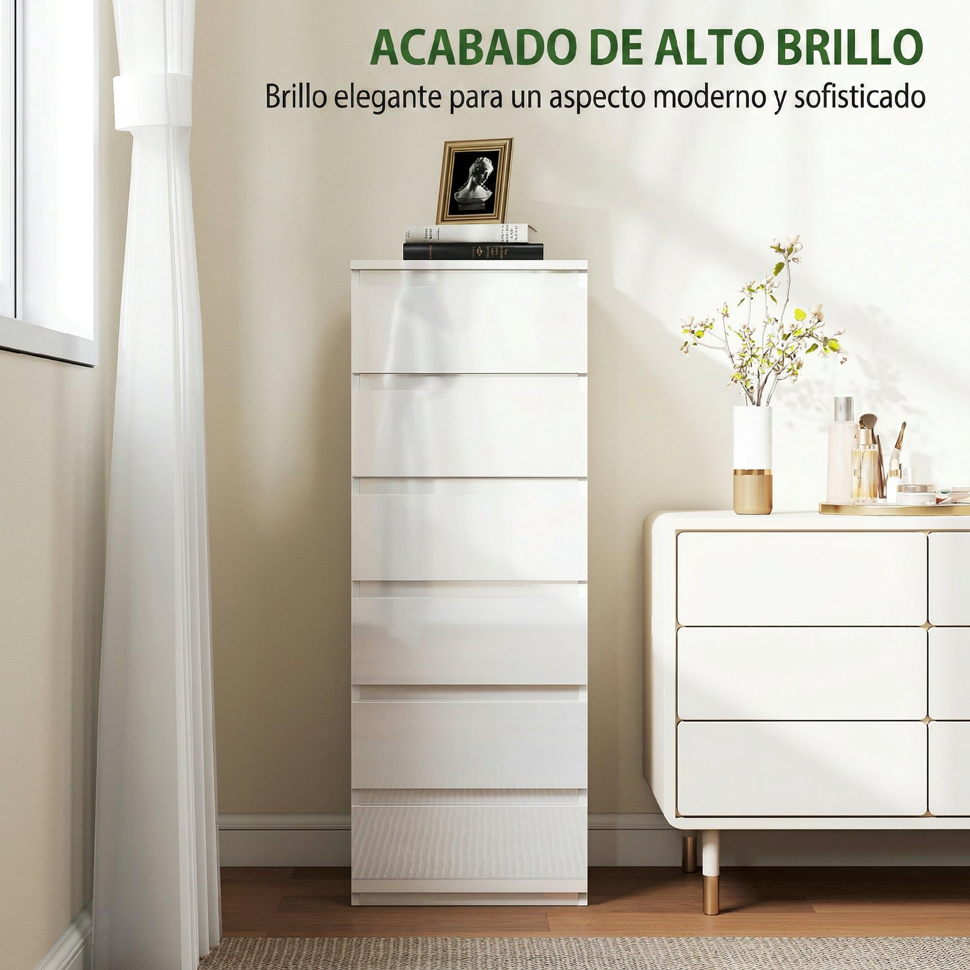 HOMCOM Cómoda 6 Cajones Dormitorio Estrecha 40x35x109 cm Blanco Brillo | Sinfonier, Ahorro Espacio, Cajonera para Sala de Estar, Comedor, Entrada