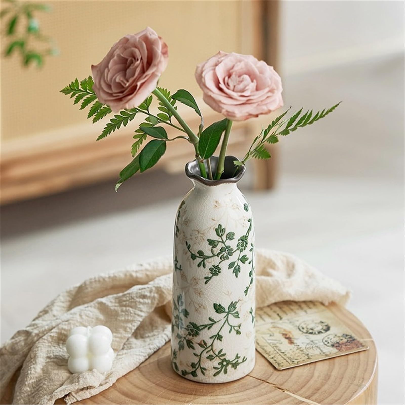 Vaso di Fiori Set di vasi Decorativi in ​​Ceramica Floreale Verde con Smalto craquelé for Soggiorno, Camera da Letto, Ufficio(M)