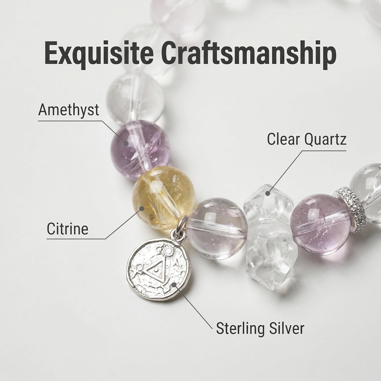 ANNIE WU Natural Amethyst Clear Quartz Citrine Crystal Bracelet, 925 Sterling Silver Accents, Adjustable 17-19cm, Healing Energy Jewelry for Women, Gift Box Included