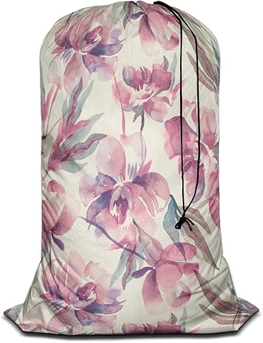 Swono Bolsa de lavandería extragrande con diseño floral de acuarela con cierre de cordón, 28 x 40 pulgadas, diseño de hojas y pétalos botánicos,