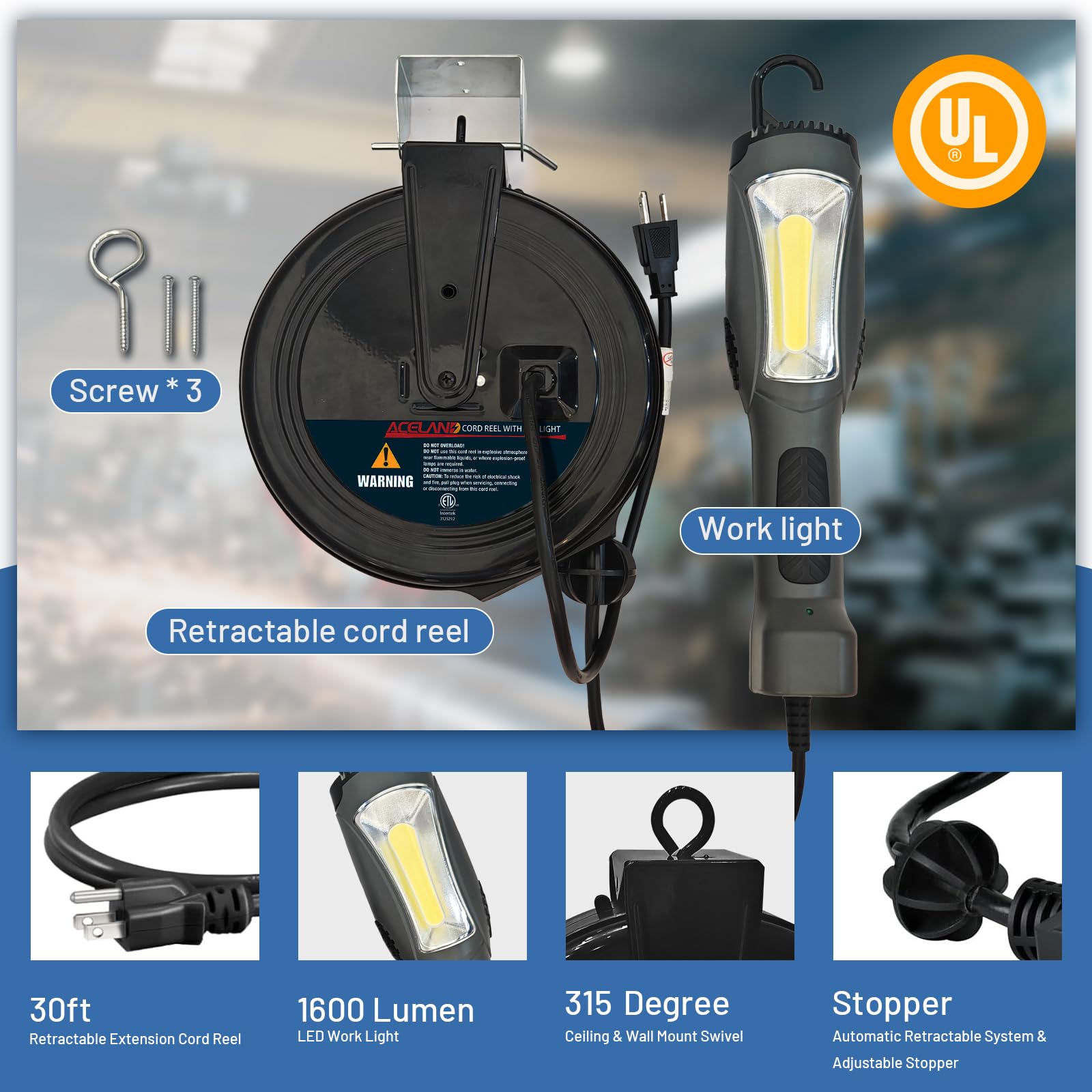 Tragbare LED-Arbeitsleuchte mit 9,2 m einziehbarer Kabelrolle, 1600 Lumen, 116 AWG 3C SJTW Kabel, Handheld-Arbeitsleuchte, UV- und wetterbeständig, magnetische Halterung