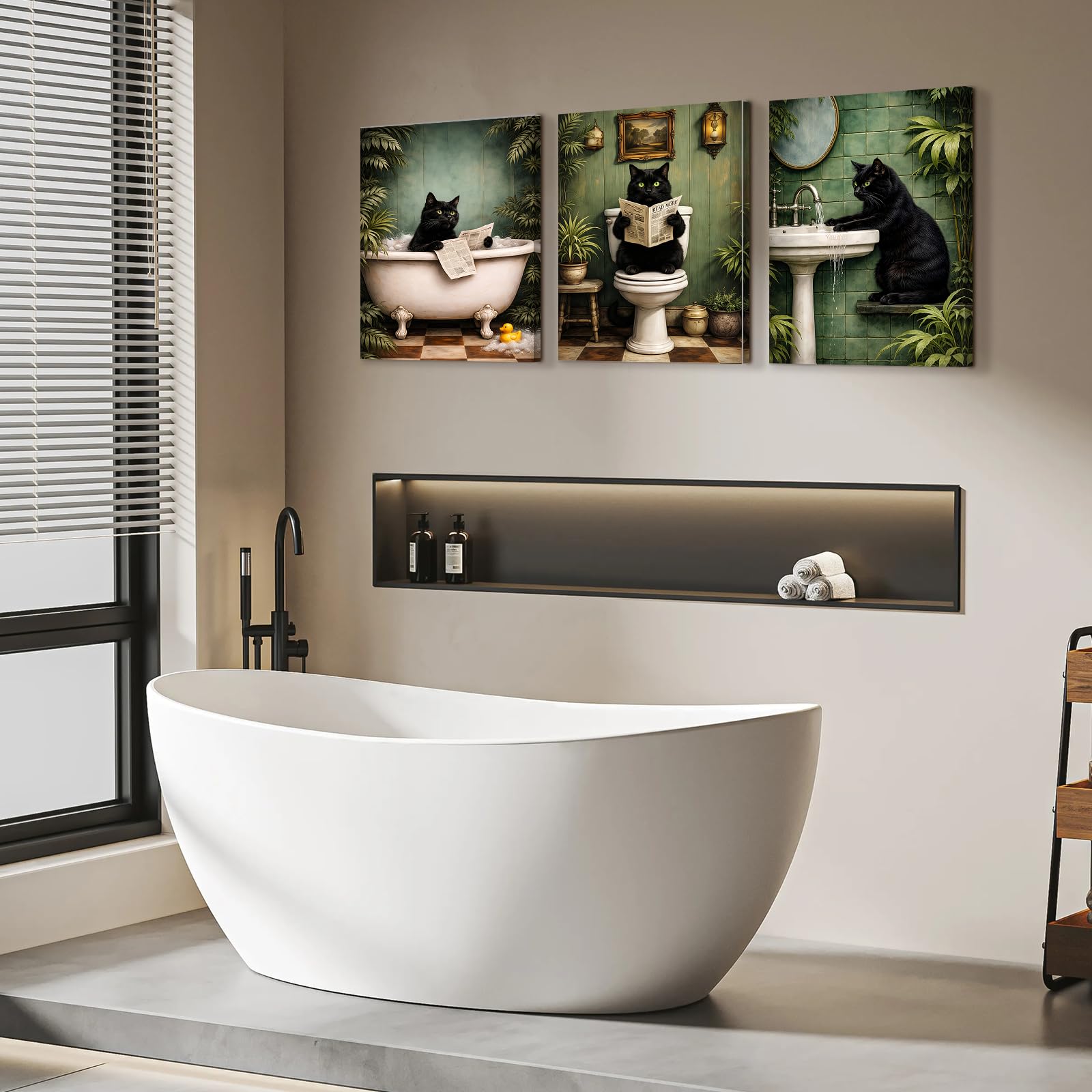 Alptiny Set di 3 quadri da bagno da 30 x 40 cm su tela con cornice, simpatici gatti con , decorazione da parete per il bagno, decorazione da parete per il bagno e il WC degli ospiti