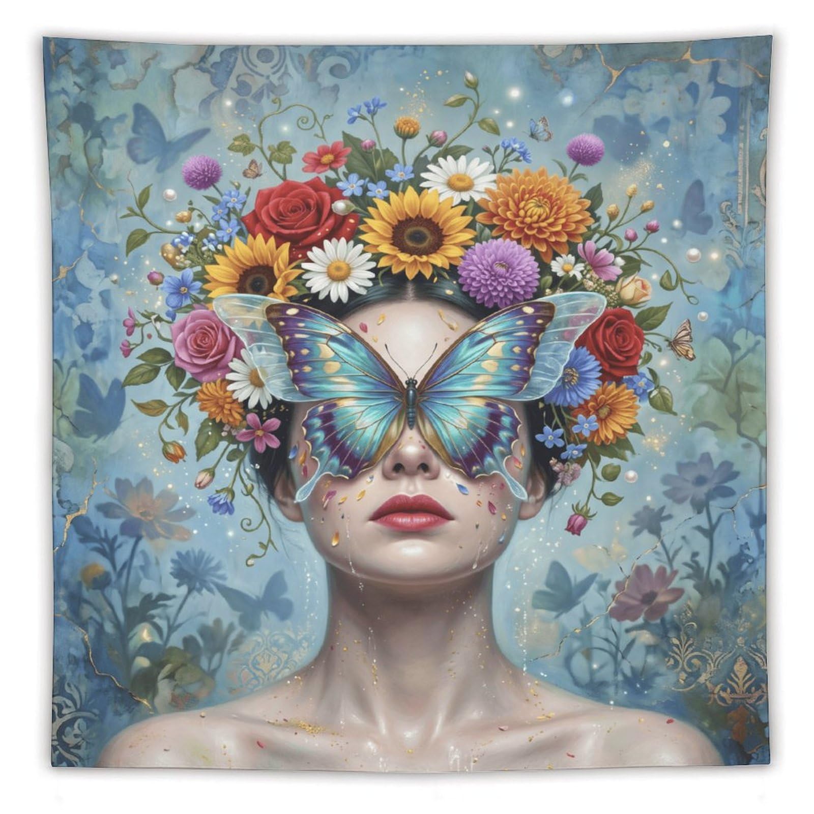 W7C8U2X3 Butterfly Woman Flower Crown Wall Tapestry, Dorm Room