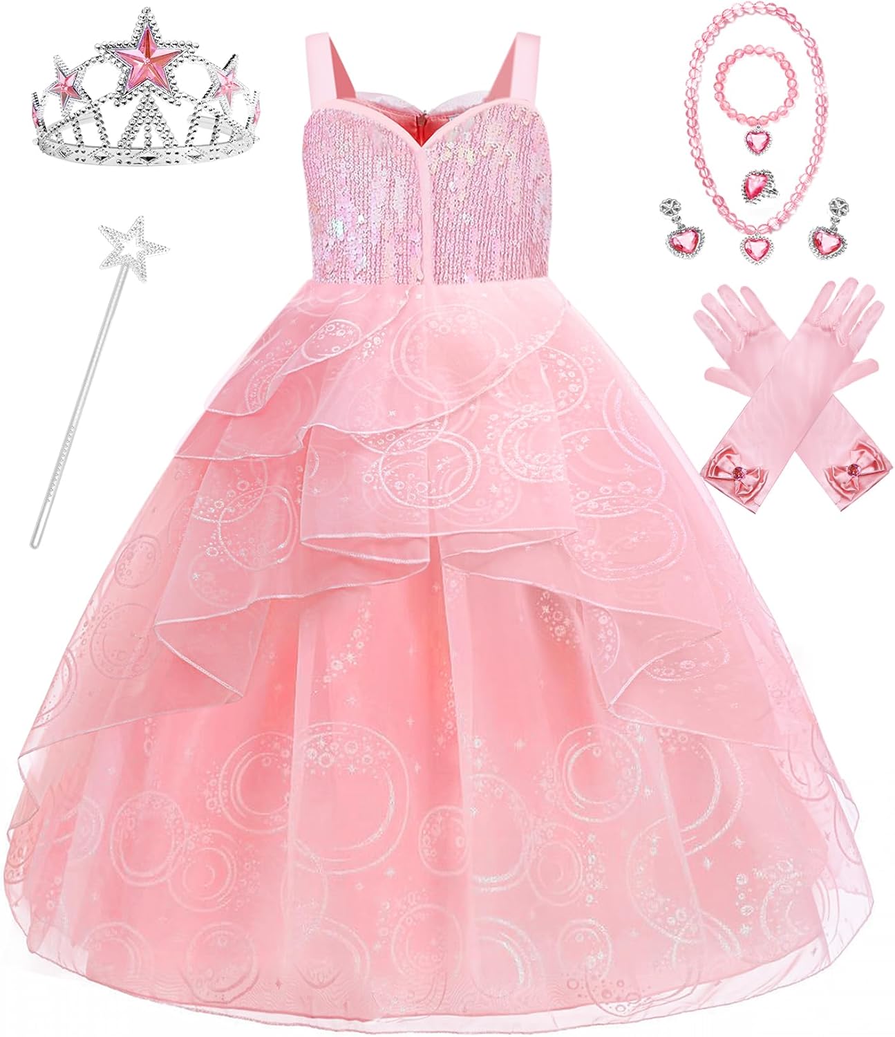 Girls Wicked Glinda Dress Costume, Pink Tulle Sequin Witch Princess Dresses for Girls Kids Halloween Christmas Cosplay