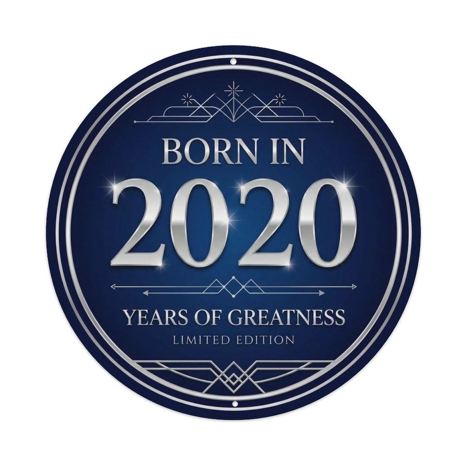 Born In 2020 Years Of Greatness Year-Themed Birthday Gift Metal Tin Sign Plaque Wall Decor for Cafe, Club, Garden Round Metal Poster 8x8Inch