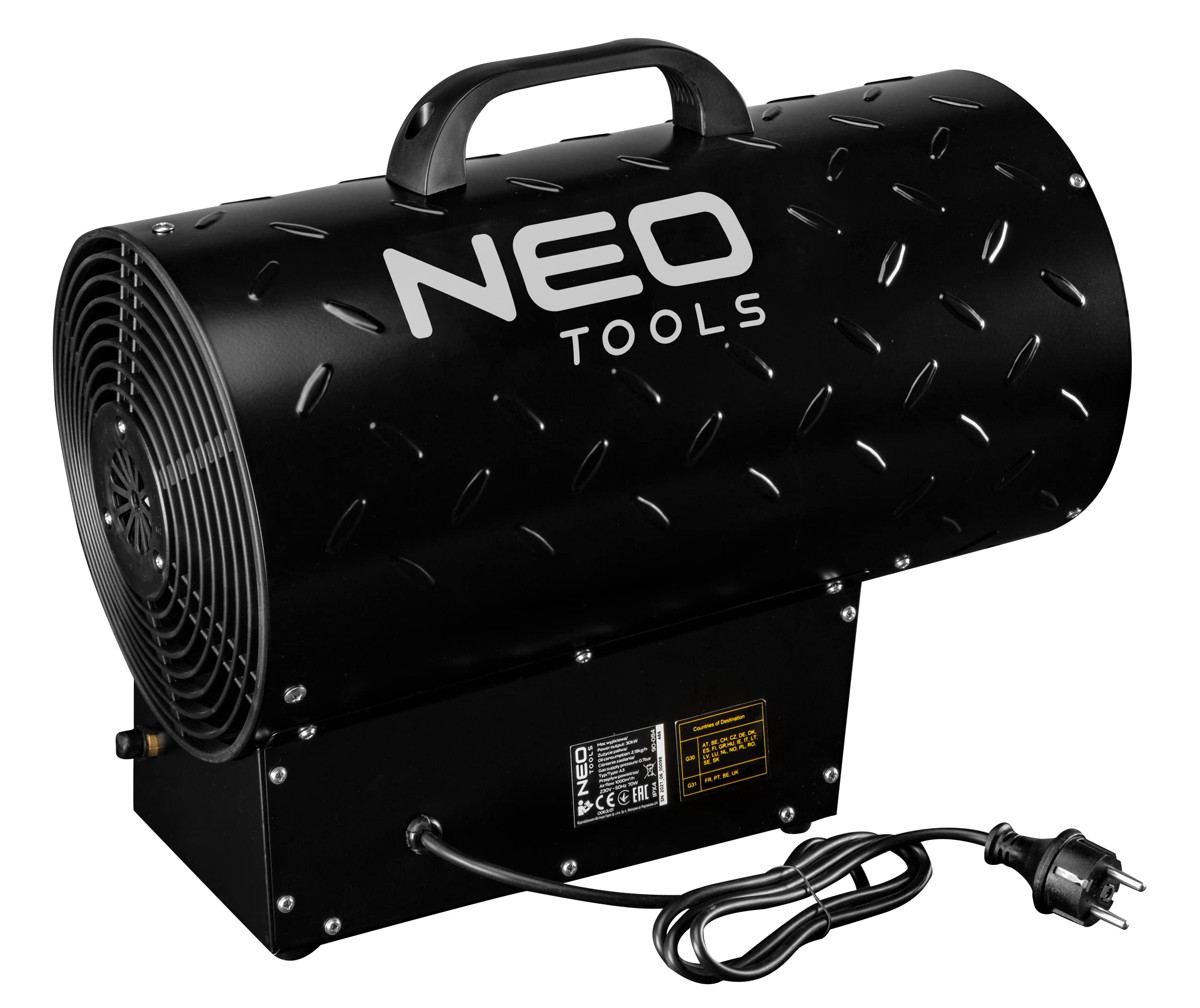 NEO TOOLS Calentador de gas de 30 kW; encendido piezoeléctrico; protección contra sobrecalentamiento y fugas de gas; independiente; regulador de presi