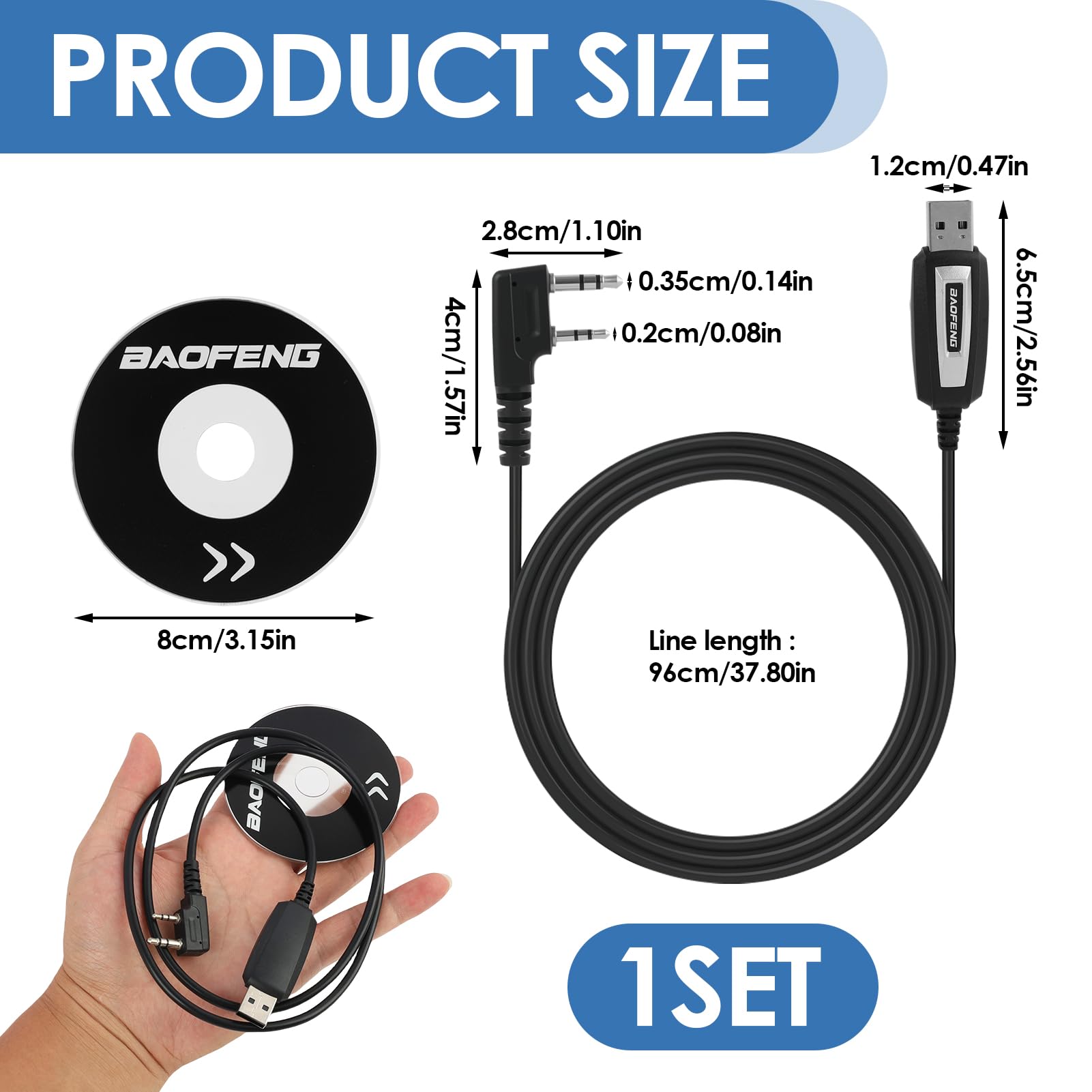 Câble de programmation 99 cm pour radios BAOFENG UV-5RA, UV-5R Plus, UV-5RE, UV3R Plus, BF-888S, 5R EX, 5RX3, GA-2S - Connecteur auxiliaire, design anti-nœuds