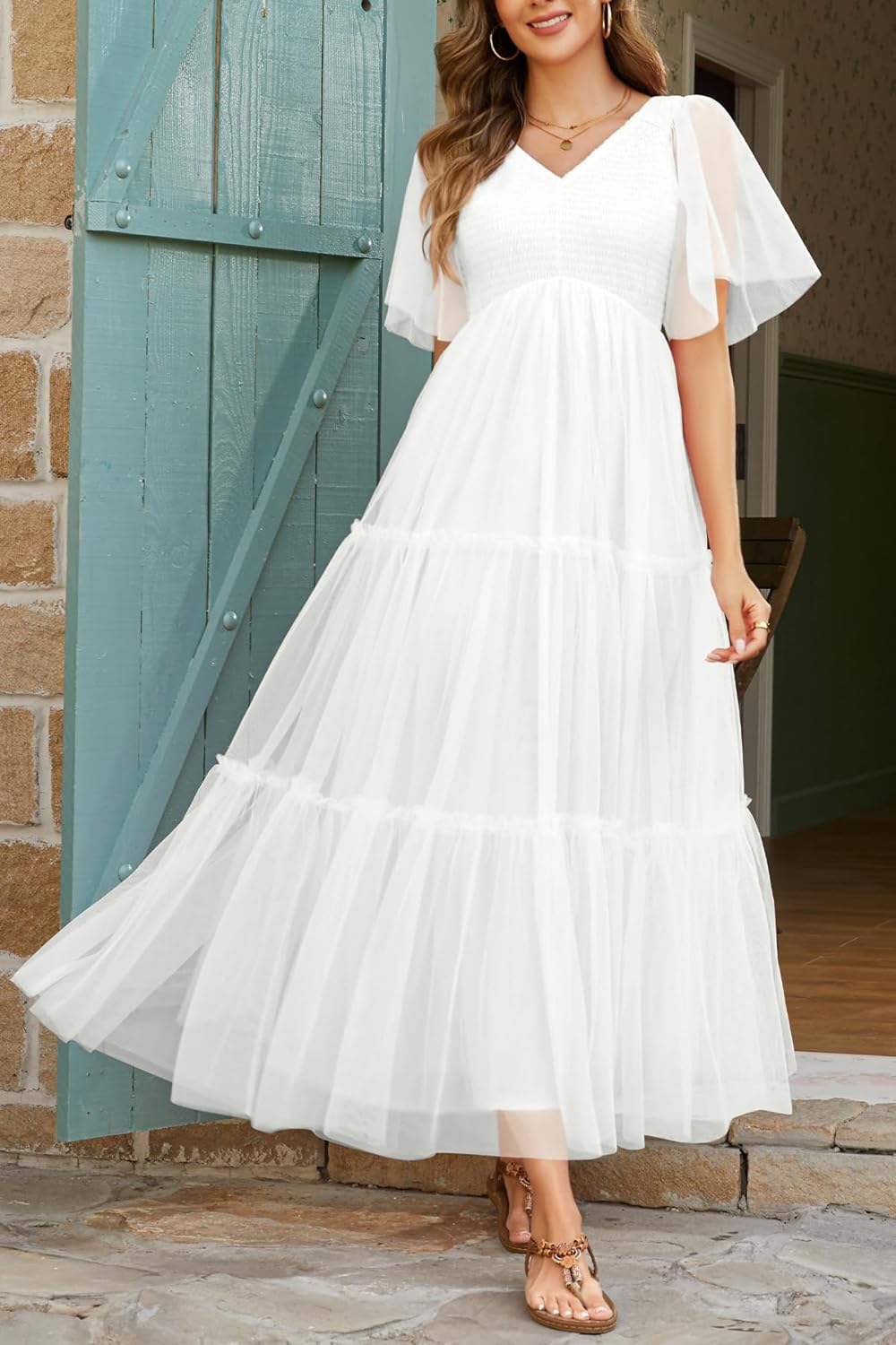 Maternity Photoshoot Dress-Baby Shower 2026 Pregnancy Summer Maxi Flutter Sleeve Mesh Dress