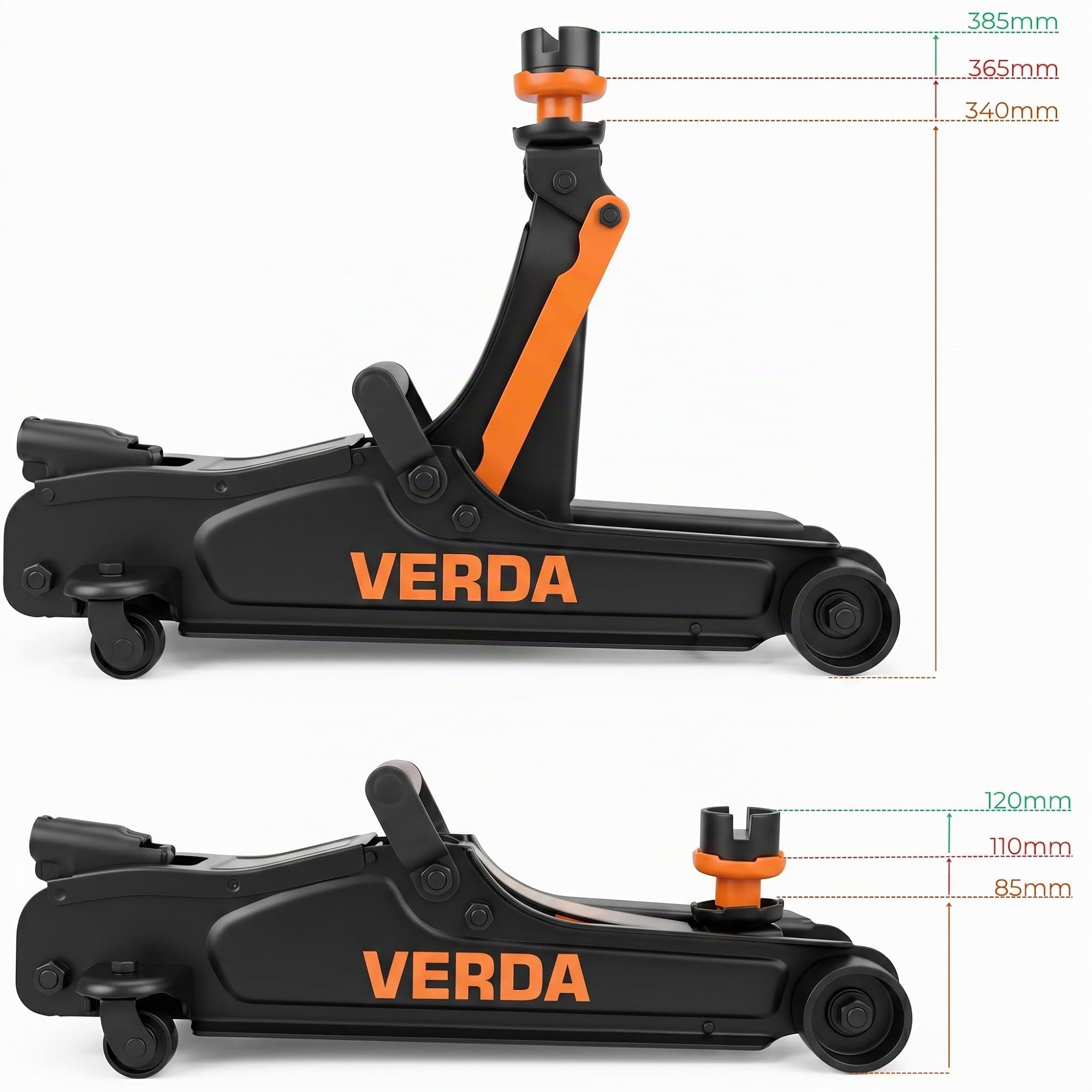 Verda Cric hydraulique rouleur Professionnel 2,5T, Profil Bas 85–365 mm, avec 2 Patins en Caoutchouc, pour Voiture, SUV et Camping-Car, cric Auto en Acier Robuste