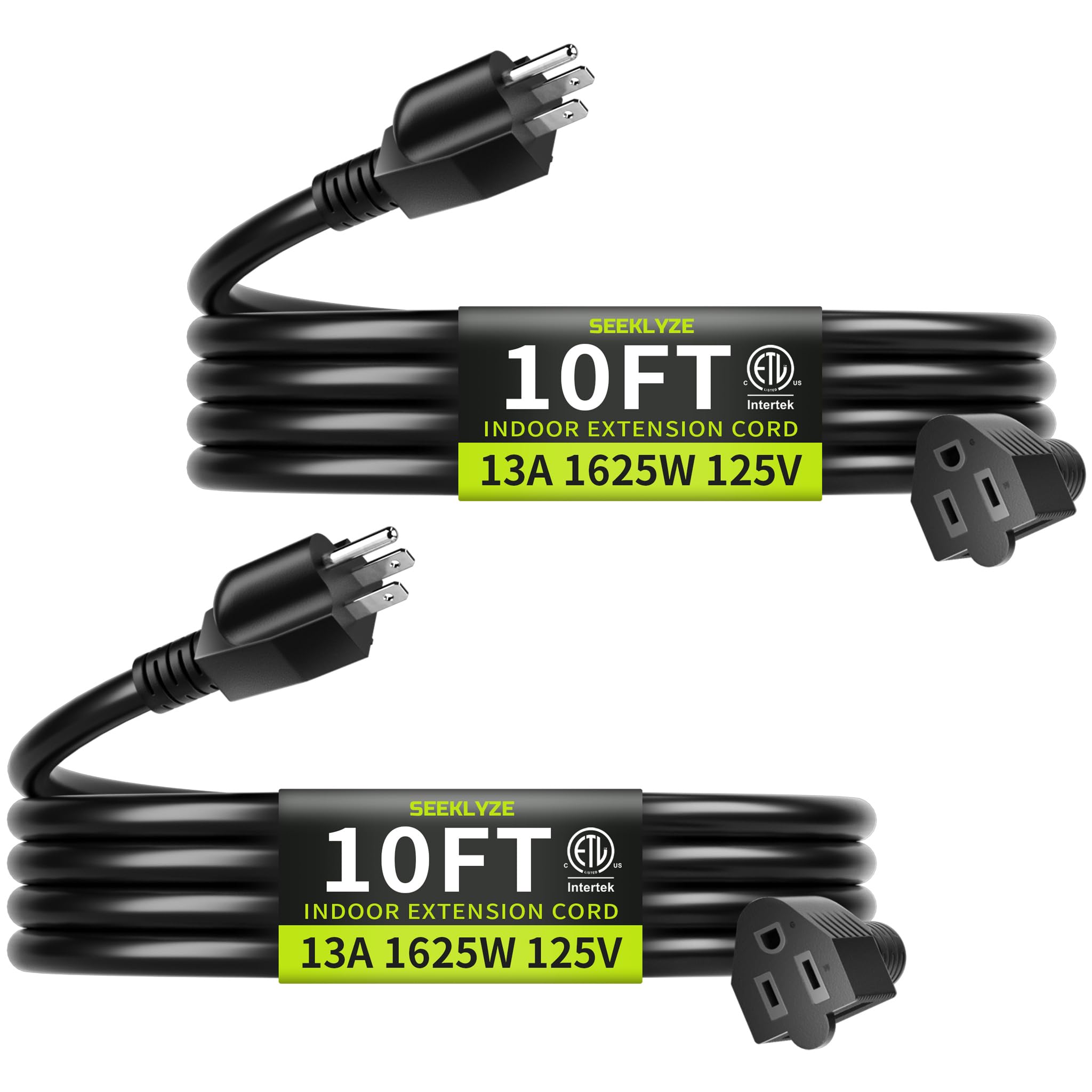 10 FT (2Pack) 13A 1625W 16/3 Black Extension Cord, Indoor Extension Cord for Laptops, Coffee Makers, Office Home Appliances, 3 Prong Resistant Cable