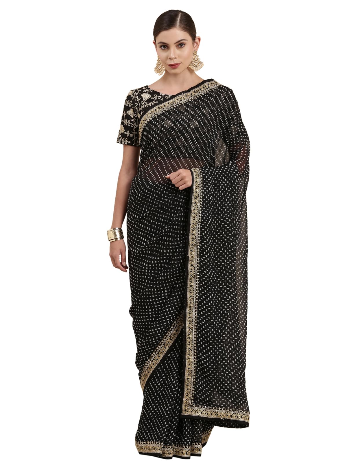 SIRIL Women's Bandhani Printed Georgette Saree with Unstitched Blouse Piece
