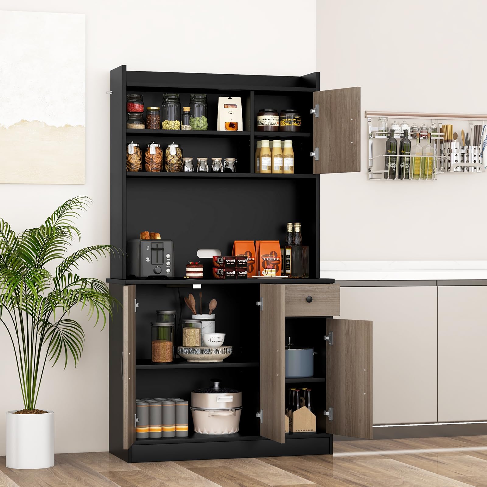 GIANTEX Alacena de Cocina con Puertas y Cajón, 100 x 40 x 180 cm, Aparador Buffet de Madera con 4 Estantes Ajustables, Armario de Almacenamiento para Cocina, Comedor (Negro+Roble)
