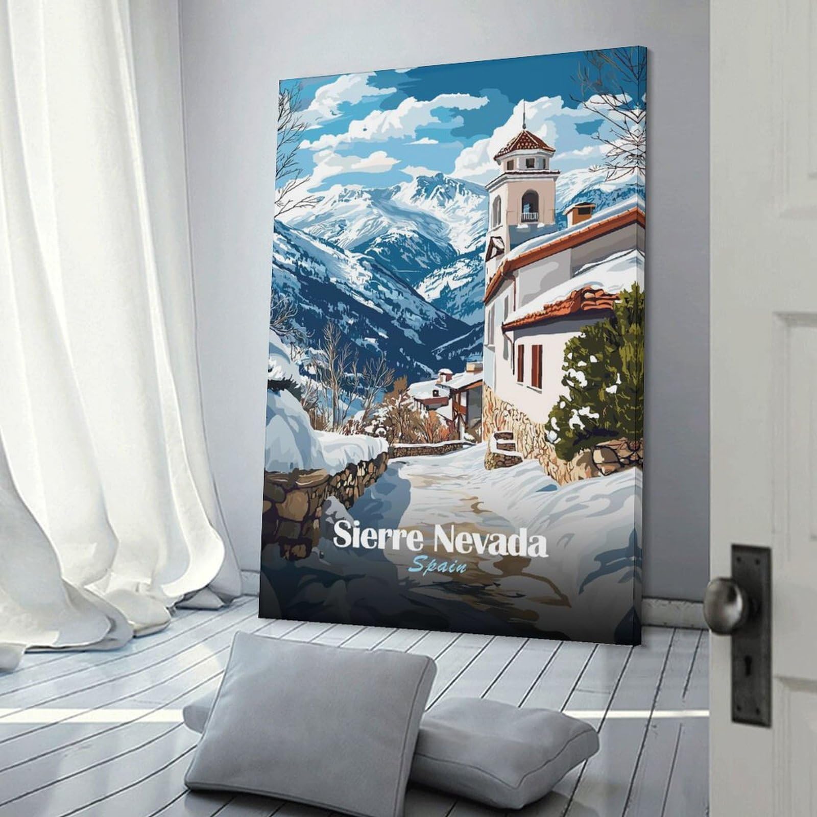 Junmoney Snowy Village in Sierra Nevada Wall Art Print, 24x36inch(60x90cm), for Front Hall, Corridor Or Welcome Spaces, Wall Decor to Refresh Empty Corners