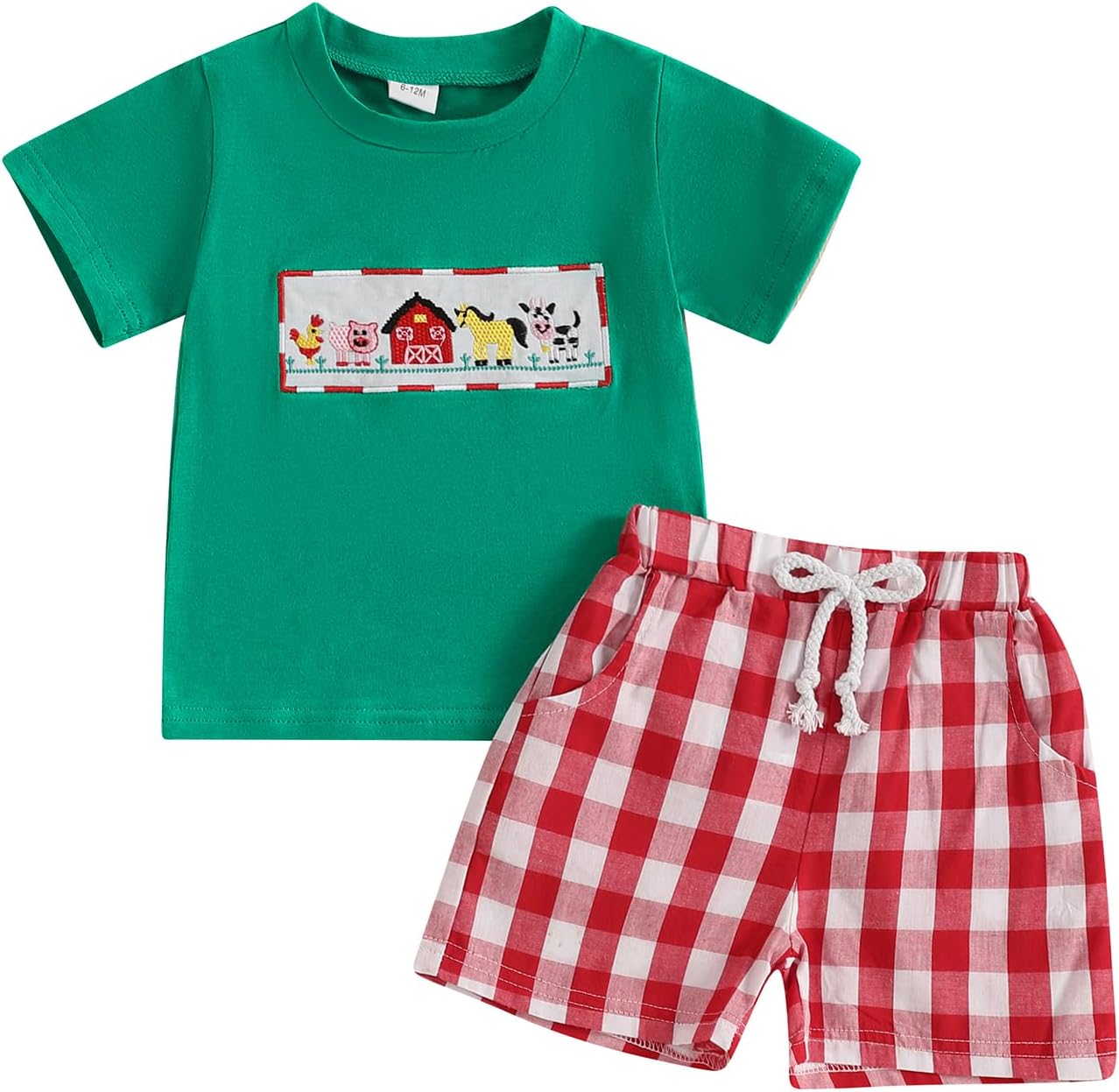 Toddler Baby Boy Clothes Farm Animal Embroidered Short Sleeve T-Shirt and Plaid Shorts Set 2Pcs Summer Outfit