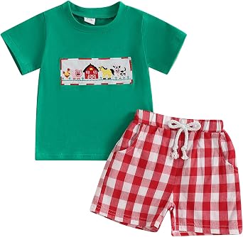 Toddler Baby Boy Summer Clothes Farm Animal Embroidery Short Sleeve T Shirt Top Plaid Shorts 2Pcs Casual Outfits Set
