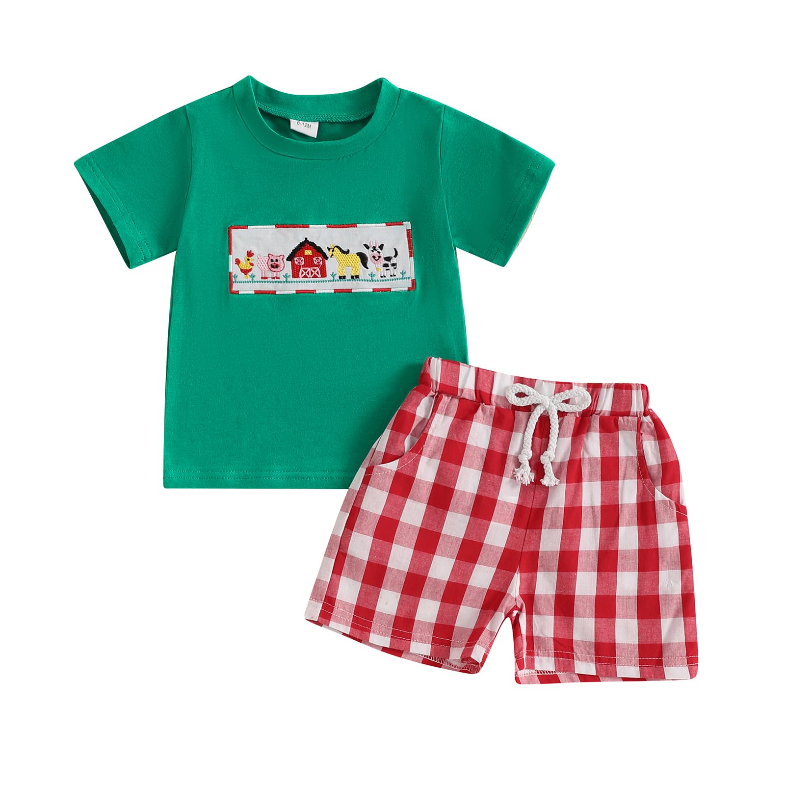 KtwHarnu Baby Boy Farm Animal Clothes Embroidery Short Sleeve T-Shirt Tops and Plaid Shorts Set 2Pcs Toddler Summer Outfit (Green, 3-4T)