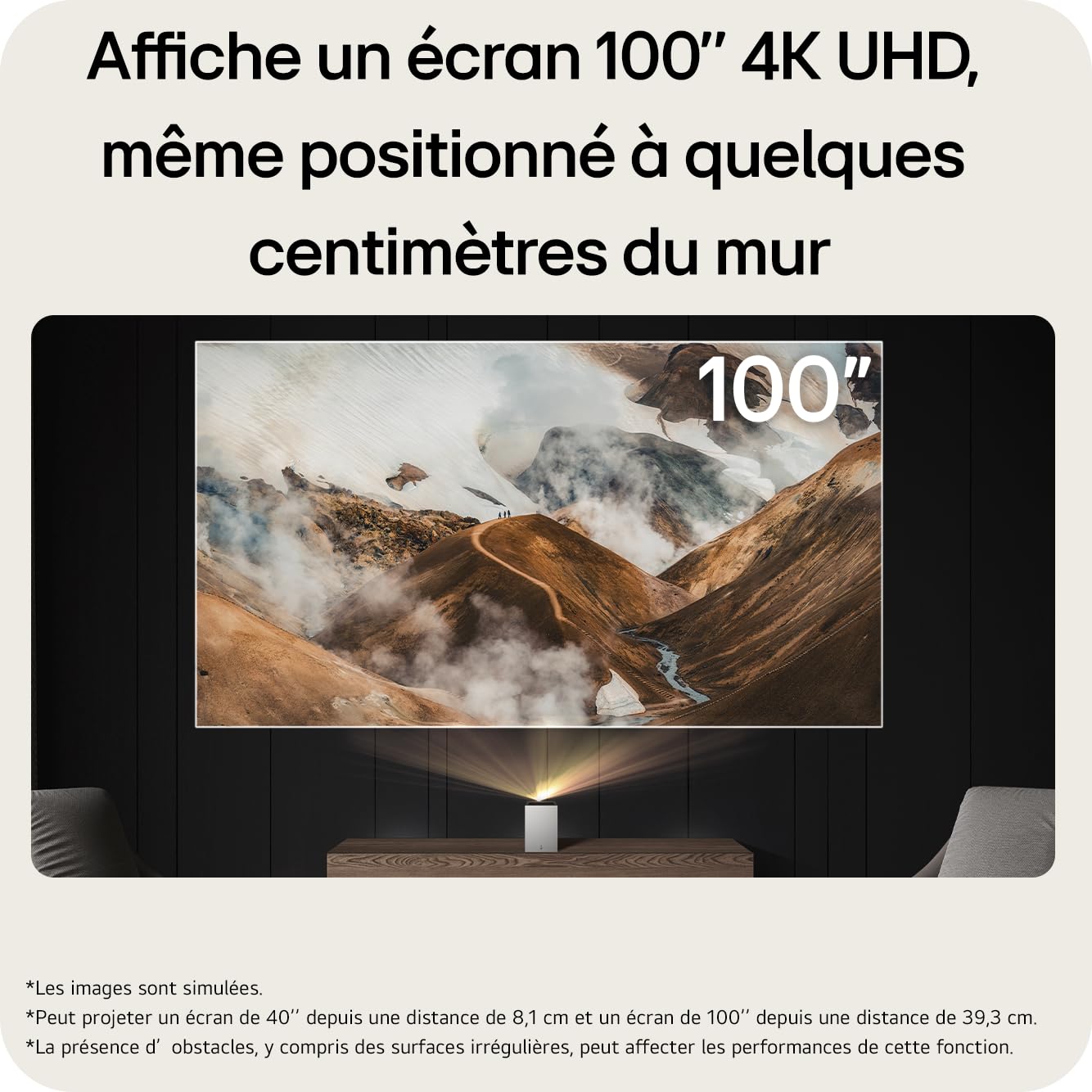 LG CineBeam S Vidéoprojecteur Laser PU615U Focale Ultra Courte pour Home Cinema, 500 lumens ANSI, 4K UHD 100 Pouces 2160p, Projection Entre 40" ~100", LG Smart webOS 24, Bluetooth 5.0, Dolby Atmos