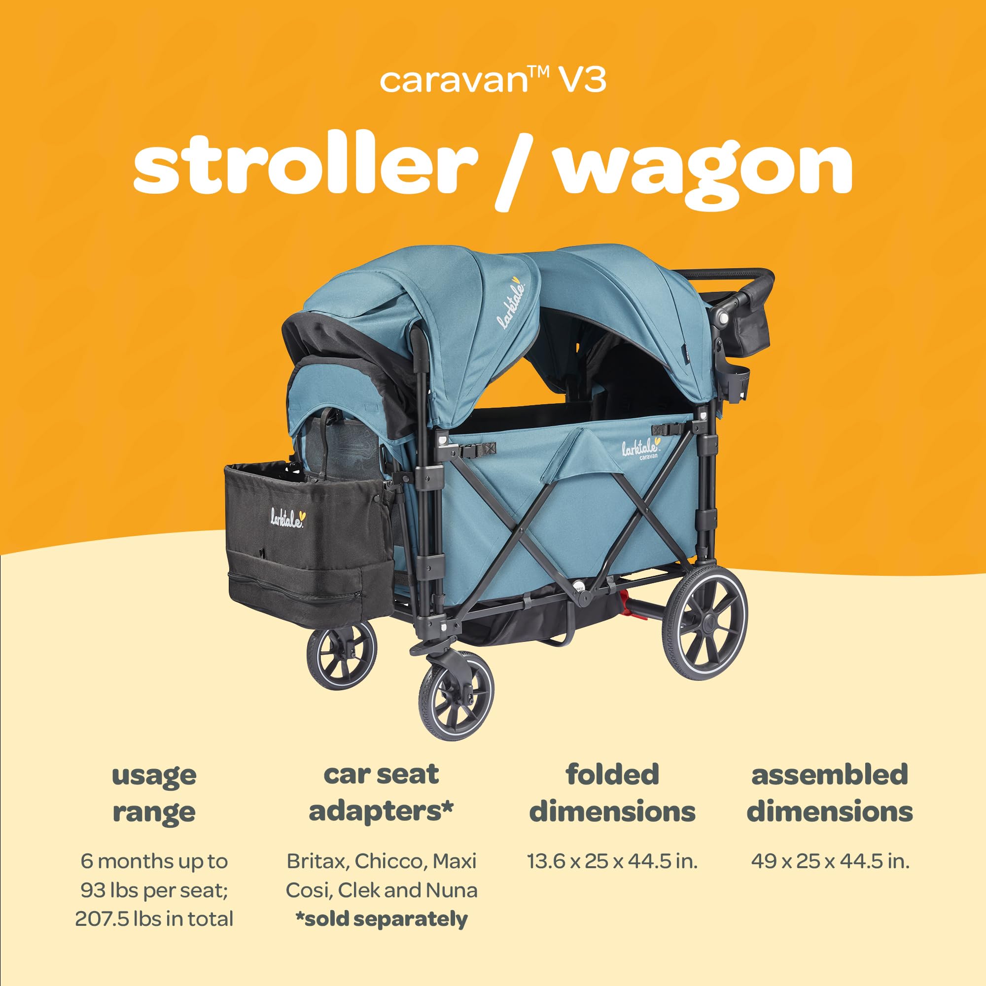 Larktale Caravan V3 Stroller, 2-Seater Kids Wagon, 207 lb Capacity, Seaford Blue