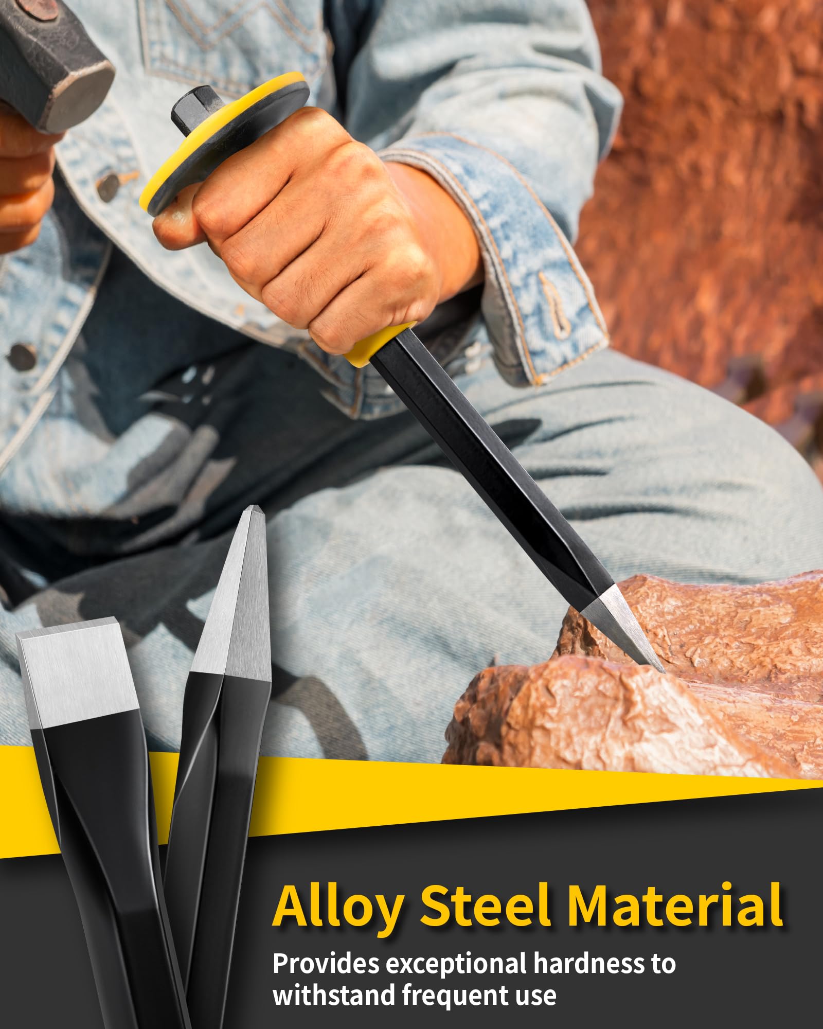 Firecore Burin de Maçon en Acier Trempé avec Manches Anti-Choc, Ciseau Maçonnerie Outils Professionnels pour Démolition, Convient à Carrelage, Béton, Pierre, Sol