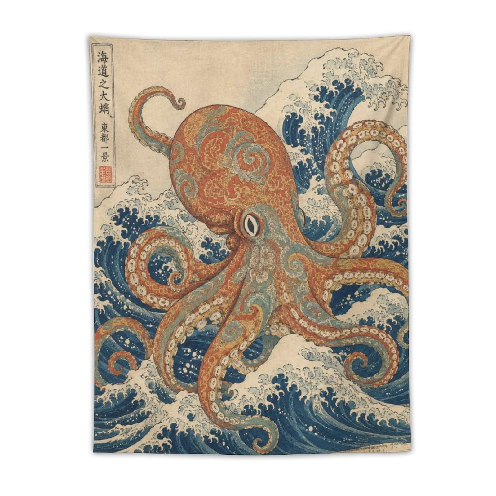 W7C8U2X3 Octopus and Wave Wall Tapestry, Ukiyo-e Style, Dorm Room