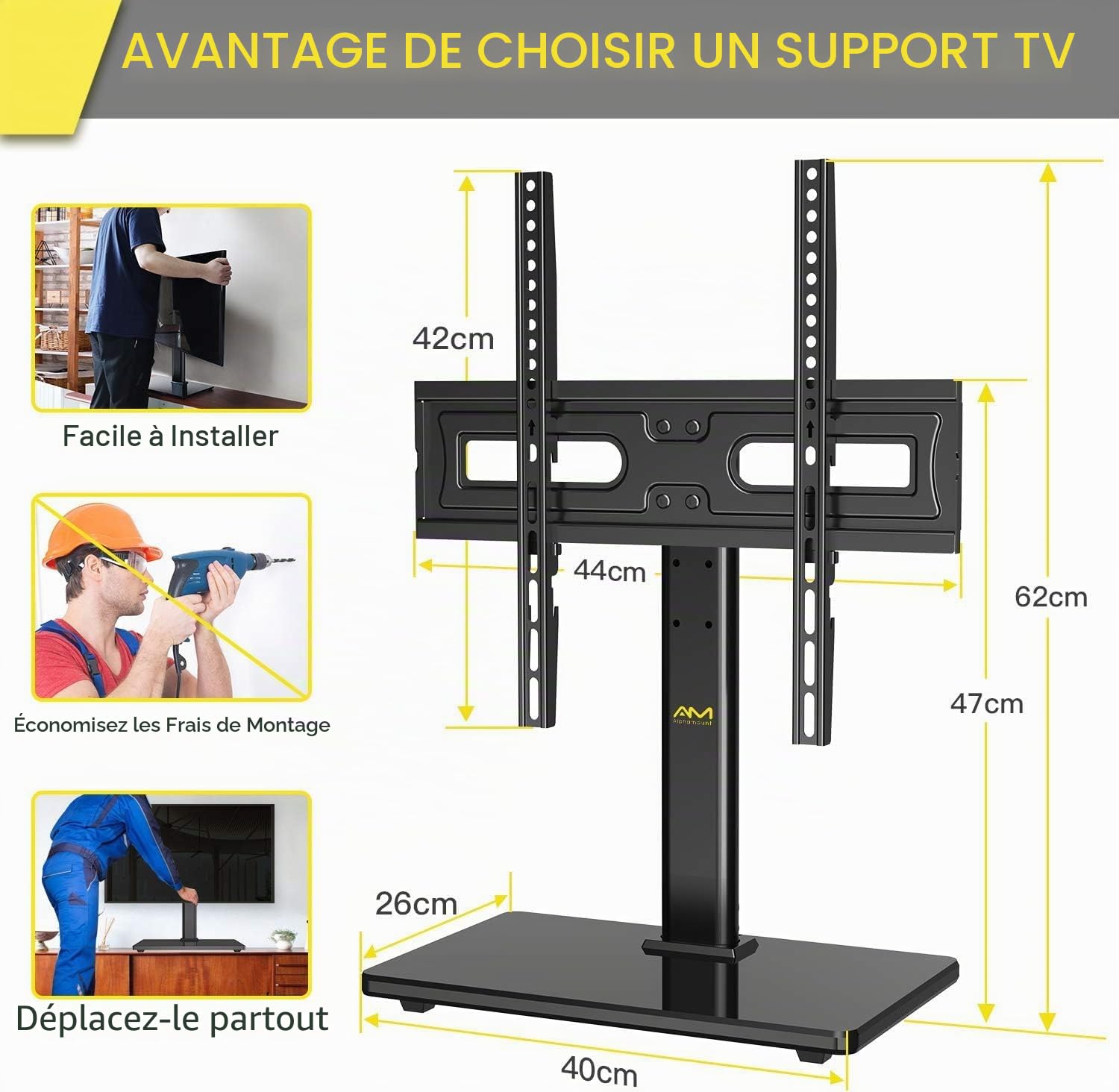AM alphamount Télévision Support sur Pied TV Universel Pivotant - pour TV LED OLED LCD de 24-60 Pouces, Support de TV Réglable en Hauteur, Supporte 45 kg Max. VESA 400x400 mm