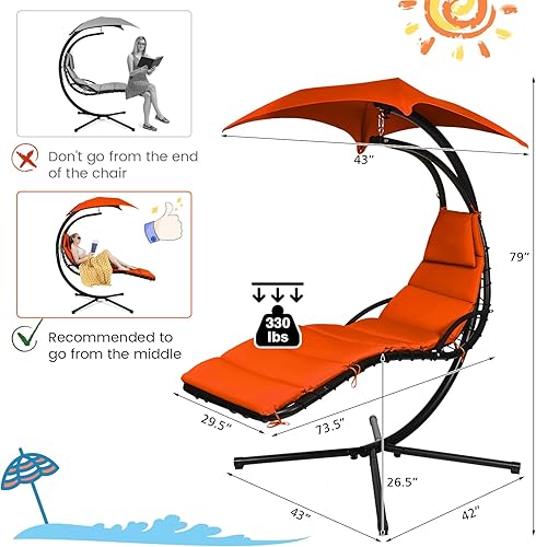 Miniatura 4 de Tangkula Tumbona colgante, soporte de arco flotante con toldo y almohada integrada, silla de salón de acero curvado, silla de hamaca independiente