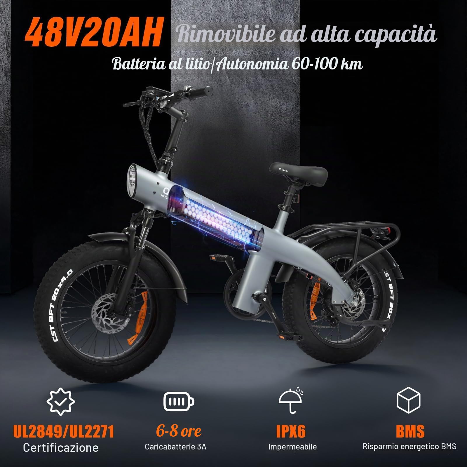 HX Q3 Bici Elettrica Adulti per il Commuting, 48V 20Ah Batteria Rimovibile, 115Nm 20"×4.0" Fat Tire, 7 Velocità Mountain Bici Elettrica con Telaio Posteriore, 60-120 km, E-bike (Nero)