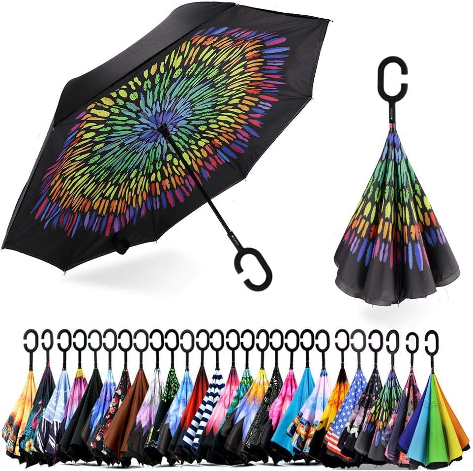 SIEPASA Inverted Reverse Upside Down Umbrella with C-Shaped Handle, Anti-UV Waterproof Windproof Rain Umbrella for Women and Men.