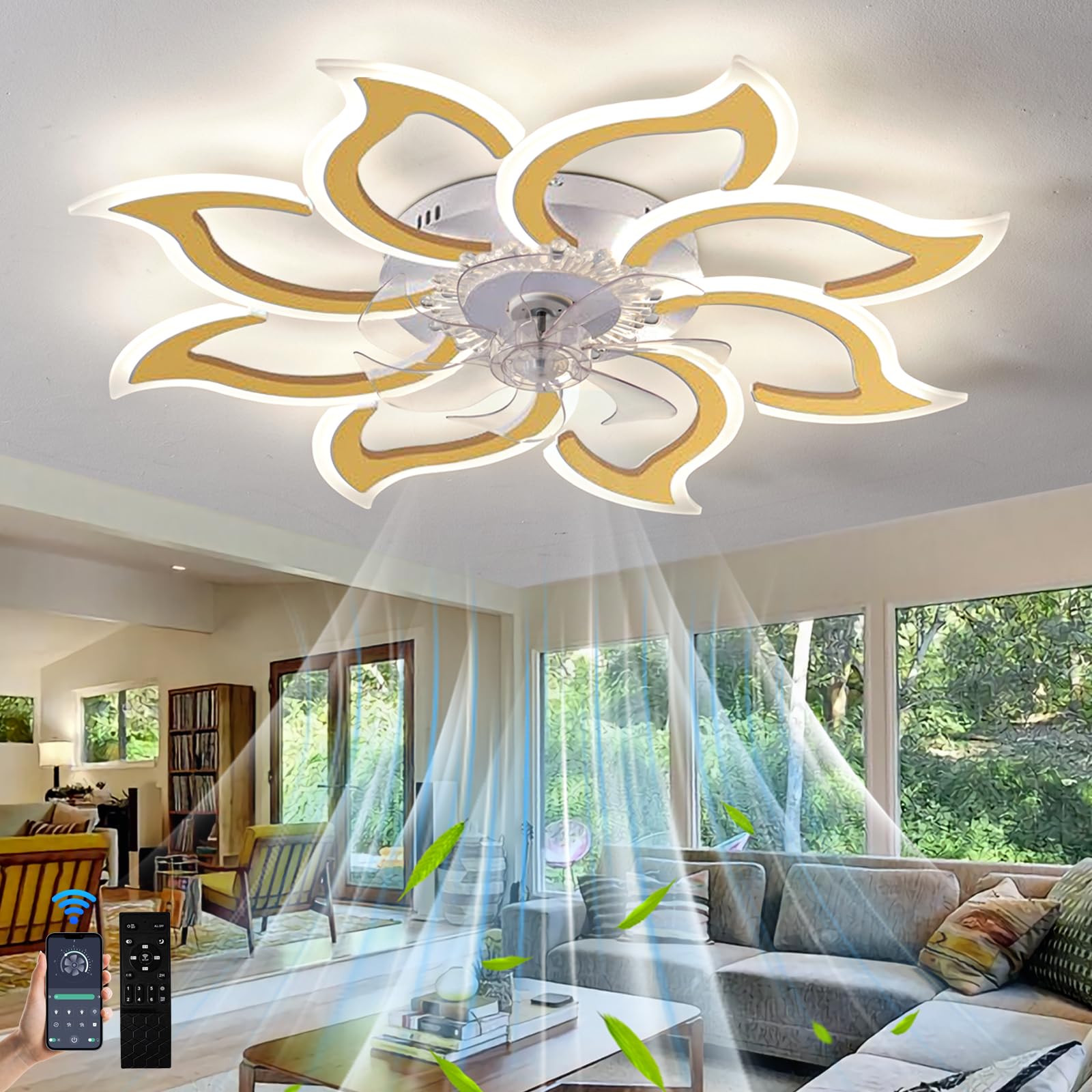 Inrosy Ceiling Fans with Lights and Remote, 94cm Modern Smart Led Flower Fan Light, 6 Speeds and 3000k-6500k Dimmable Quiet Fan Light for Bedroom Living Room Dining Room Gold