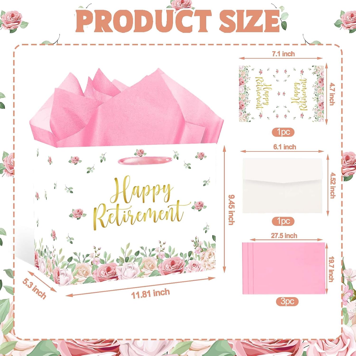 LOYUJI Happy Retirement Gift Bag, Pink Floral Gift Bag with Tissue Paper and Card, Retirement Gift Wrap Bag for Women, Men, Retired Party Decorations image 2