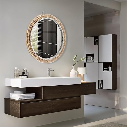 Miniatura 5 de Espejo de pared bohemio de 18 pulgadas, espejo decorativo de ratán redondo para colgar, adecuado para granja, sala de estar, dormitorio y baño