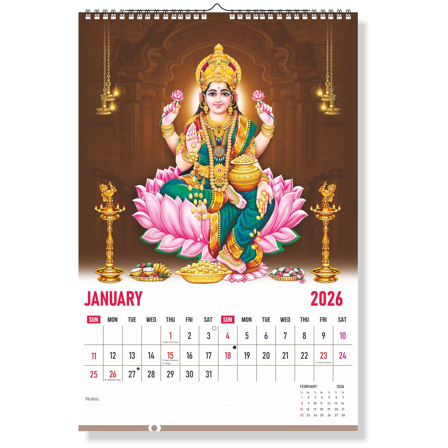 Zoozo Artz 2026 Wall Calendar – Goddess Lakshmi Theme Spiritual Decor | 12 Sheeter Hanging Monthly Planner with Colorful Devi Artwork | Premium 130 GSM Art Paper, Spiral Binding, Large Size(Z14)-image-39