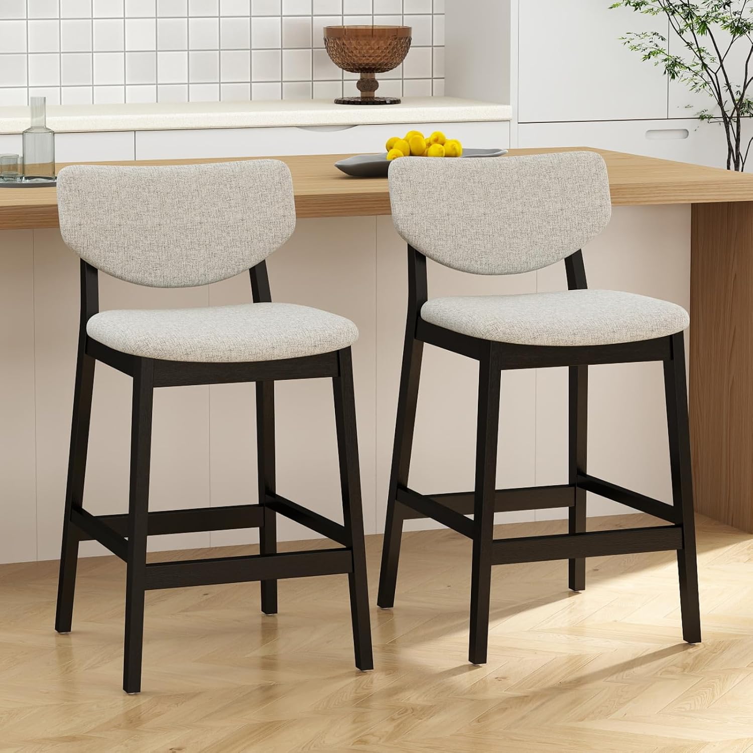 Ya-Home Modern Bar Stools Set of 2, 26 Inch Counter Height Stools Linen Fabric Bar Chairs with Backrest Black Wooden Legs for Kitchen Island Dining Room, Grey
