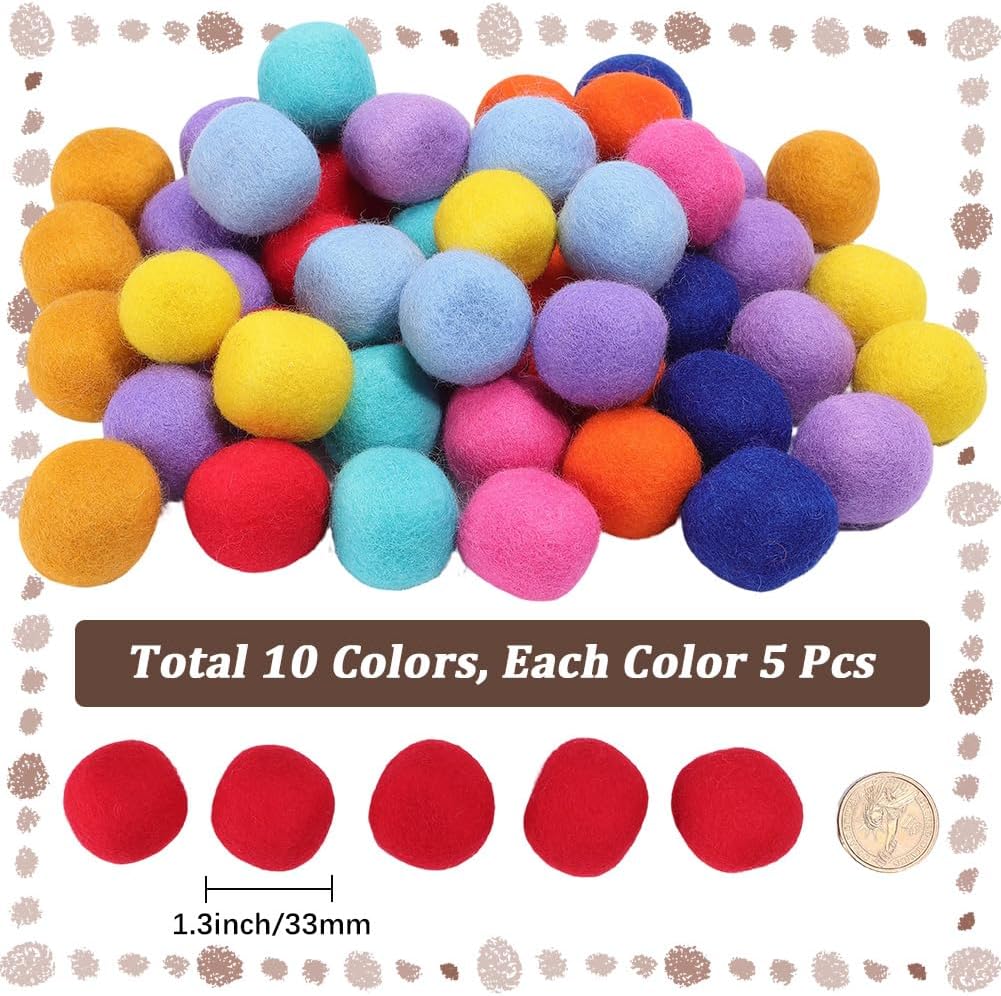 1 Bag 50pcs 10 Colors Wool Felt Beads Handmade Dyed Red Orange Blue Felted Pom Pom Balls Soft Pompoms Felting Woolen Ball Bead for Jewelry Making Handcrafts Project Decor DIY Craft Supply