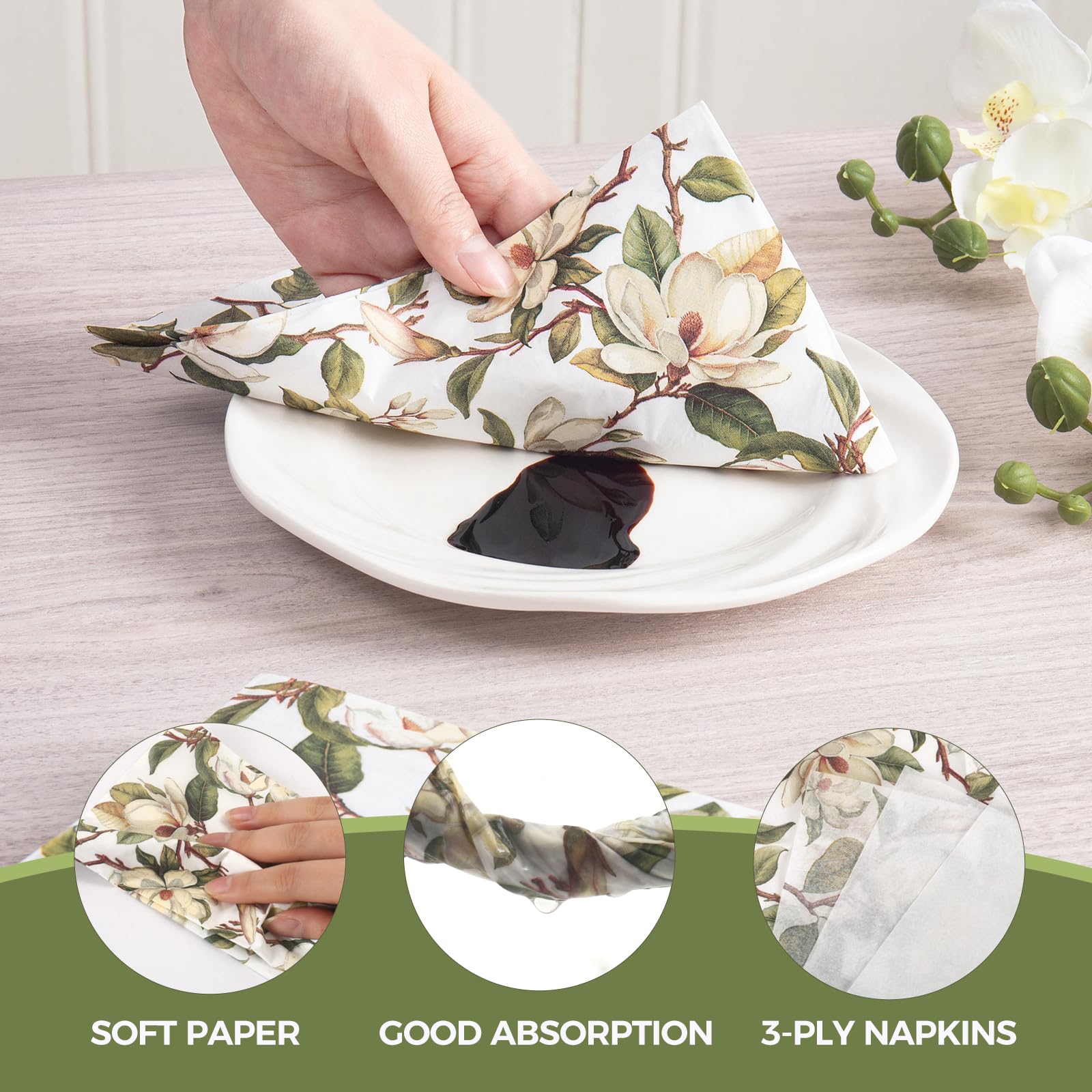 Homlouue Vintage Magnolien-Servietten – 100 Stück, 3-lagig, Blumenmuster Für Party, Tischdeko & Haushalt