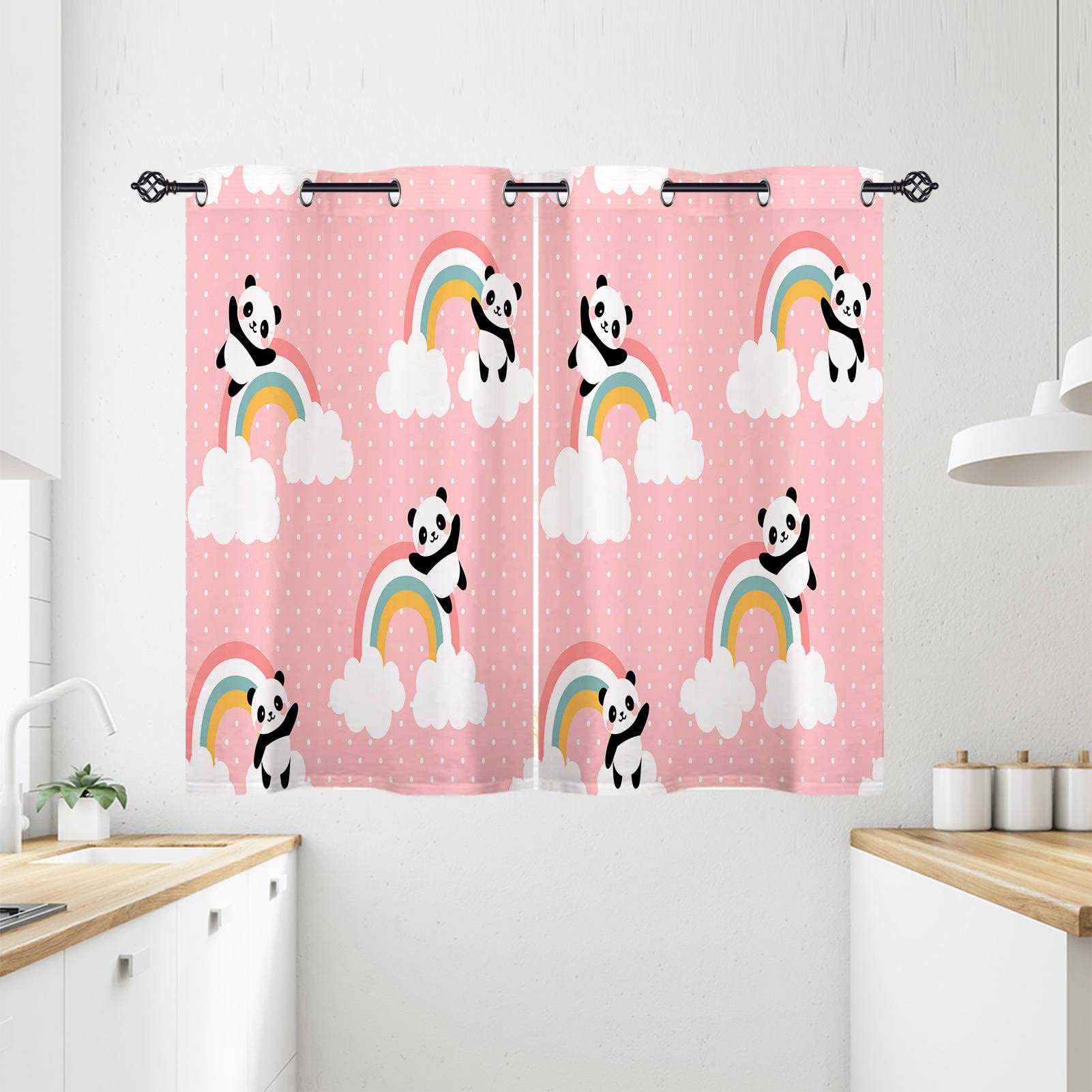 ANHOPE Panda Curtains Eyelet 80% Blackout Room Darkening Curtains Panda Bear Cloud Rainbow Print Pattern Thermal Light Blocking Window Drapes for Kids Bedroom Living Room 28 x 54 Inch Drop 2 Panels
