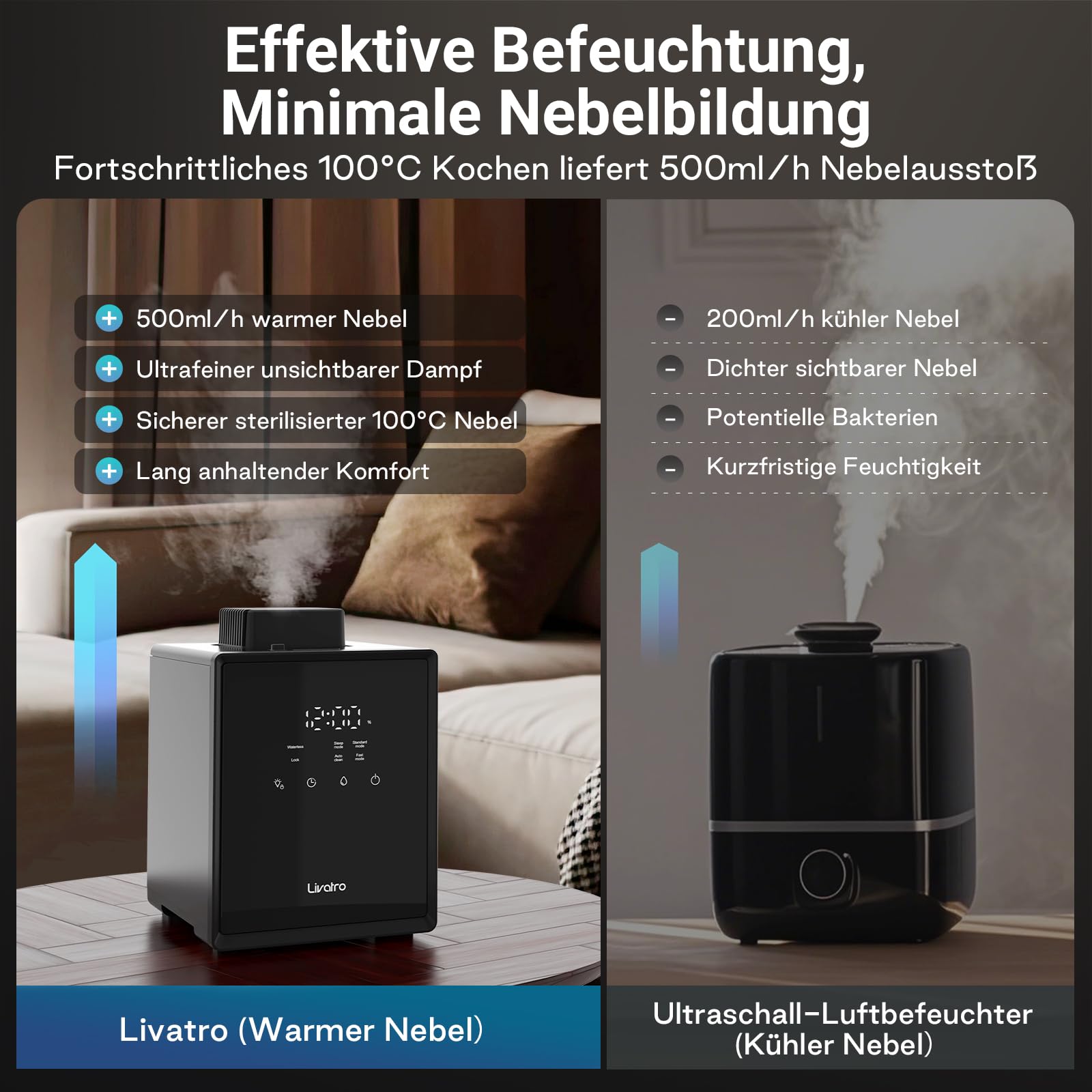 Livatro Umidificatore Ambiente Top Fill,3L Umidificatore a Vapore Caldo in Acciaio Inox, Riduce del 99,97% dei Batteri, Timer e Modalità Sonno, per Bambini, Ufficio,Camera da Letto,Salotto