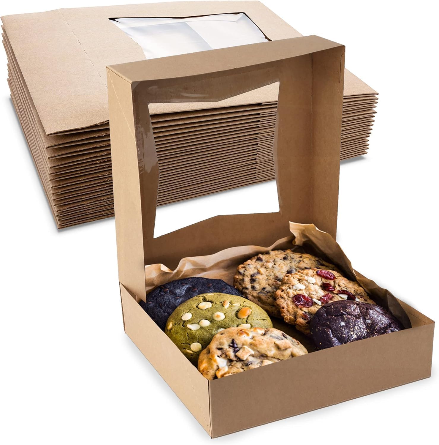 MT Products Kraft Cookie Boxes 8" x 8" x 2.5" - Auto Pop-Up Bakery Boxes with Window (Pack of 25) - Made in the USA