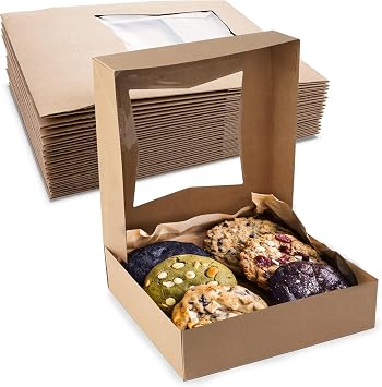 MT Products Brown Cookie Boxes 8" x 8" x 2.5" - Auto Pop-Up Bakery Boxes with Window Pack of 25 - Made in the USA
