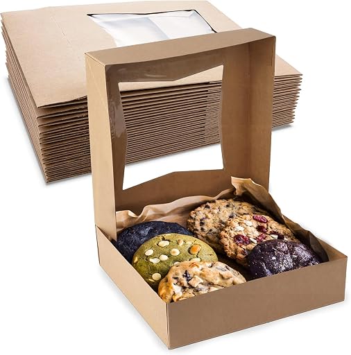 MT Products Kraft Cookie Boxes 8" x 8" x 2.5" - Auto Pop-Up Bakery Boxes with Window (Pack of 25) - Made in the USA